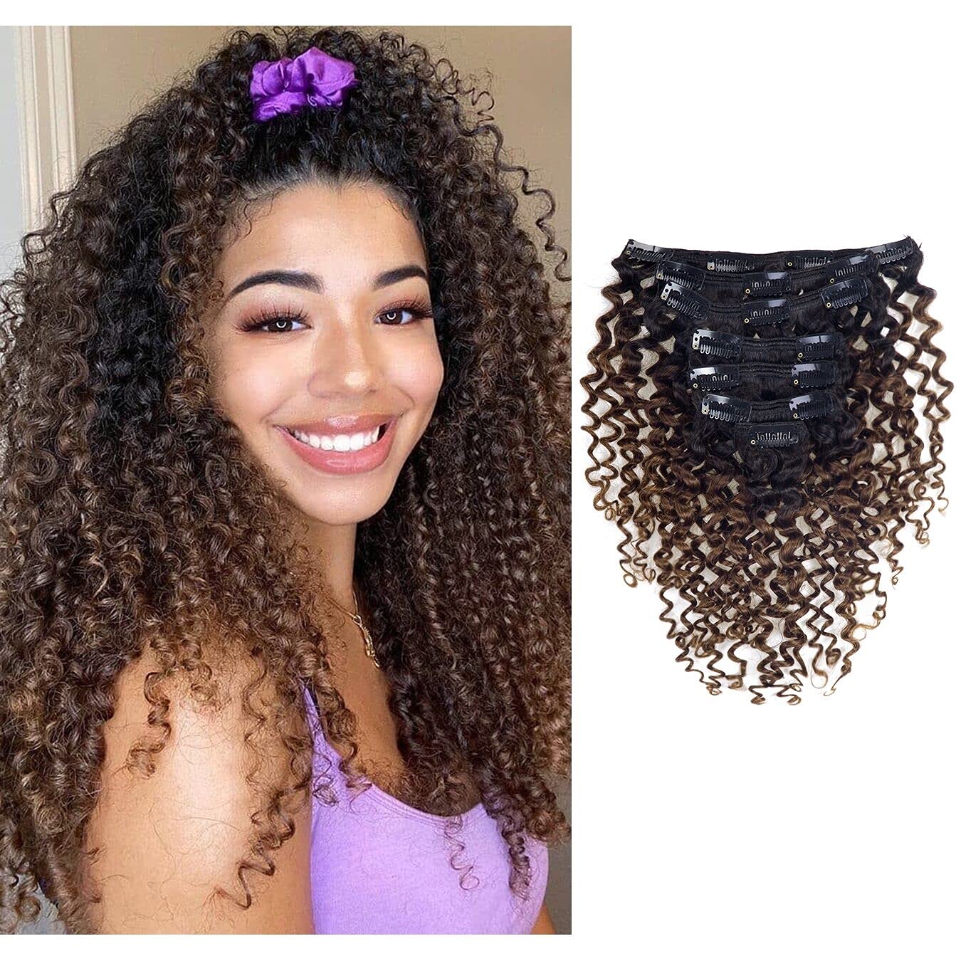 Loxxy Curly hair extensions Clip in human hair Natural Black Fading To Chocolate Brown Color For black Women Jerry Curly Clip in