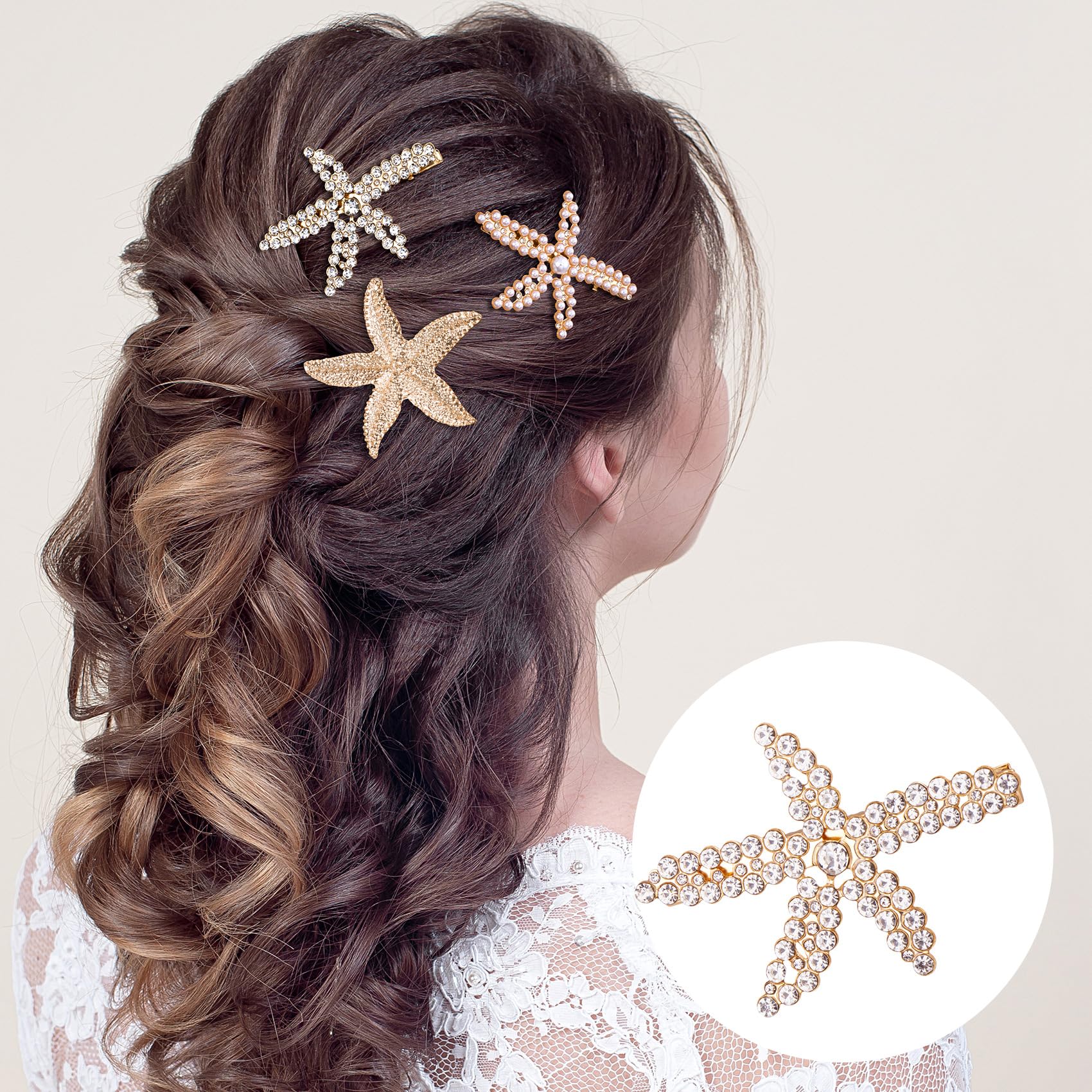 PAGOW 3 PCS Starfish Hair Clips, 3 Styles Gold Rhinestone Hair Clips, Faux Pearl Crystal Sea Star Wedding Headpiece Hair Accesso