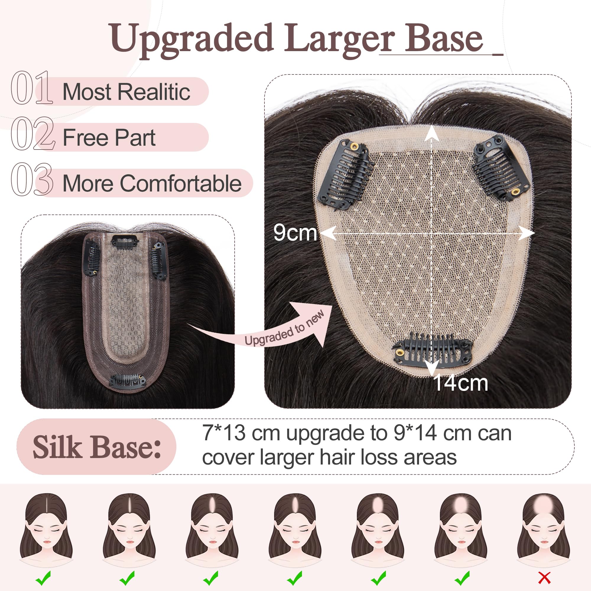 SEGO Hair Toppers for Women Real Human Hair Large Full Silk Base 9 * 14 cm Free Part No Bangs 150% Density Clip In Topper Hairpi