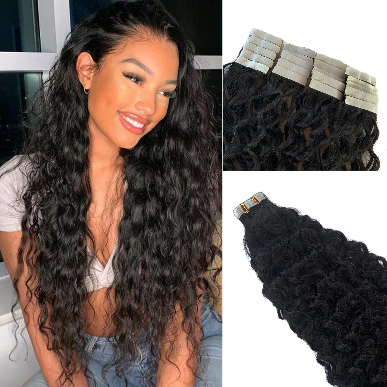 Water Wave Tape In Human Hair Extension For Black Women,9A Brazilian Human Hair Adhesive Tape In Hair Loose Wave Skin Weft Tape