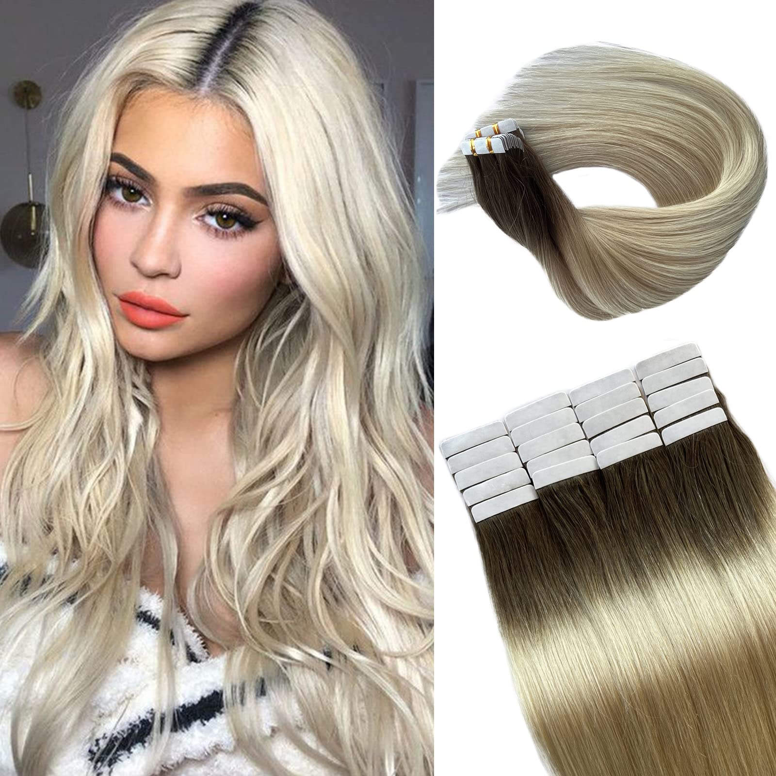 Ombre Tape In Hair Extensions Human Hair Flax Brown To Platinum Blonde Real Human Hair Tape In Extensions 16Inch Omber Blonde Ta