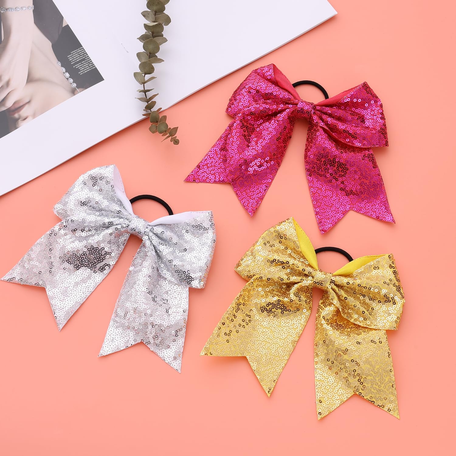 16 PCS Large Glitter Silver Cheer Hair Bows, Shiny Cheerleading Bows Ponytail Holder for Cheerleader Girls Softball Sports and C