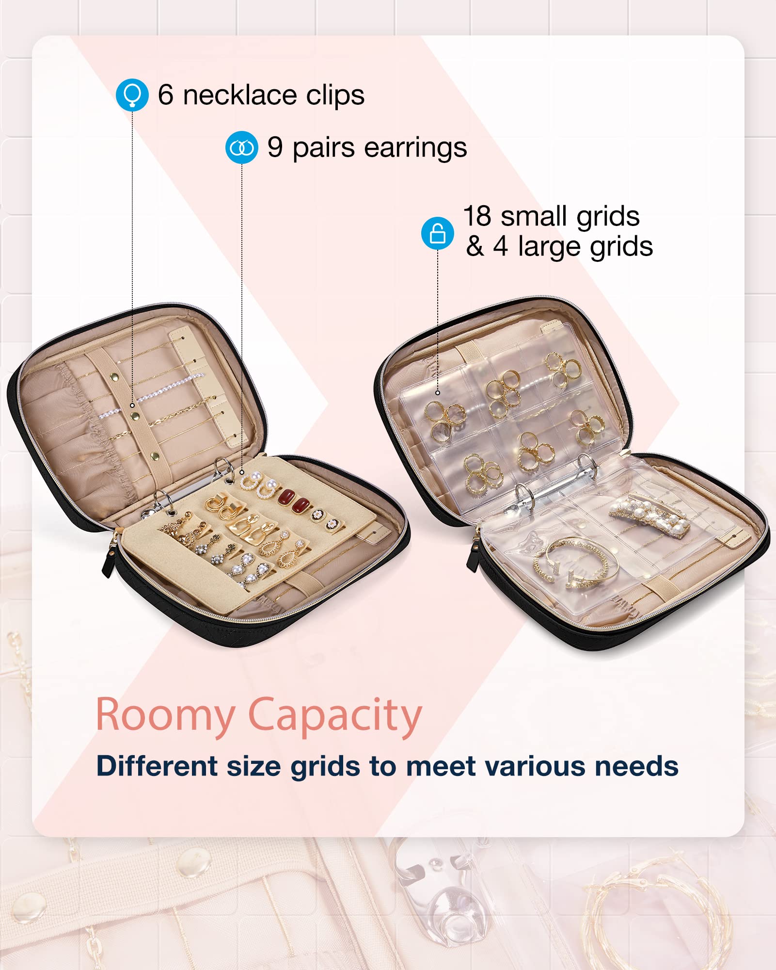 BAGSMART Travel Jewelry Case, Jewelry rolls Storage, Jewelry Bags Clear for Easy Access, Jewelry Rolls Zipper Pouch Bag for Neck