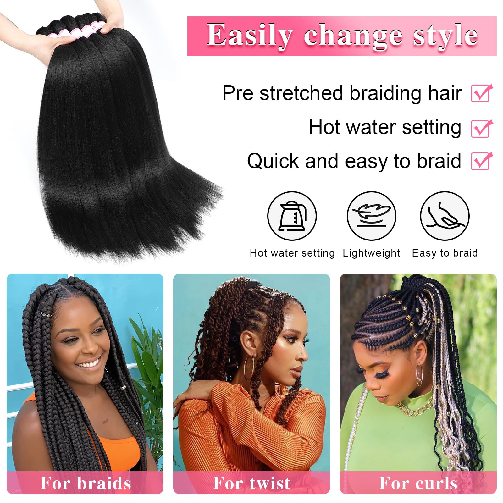 30 Inch Braiding Hair 1B Black Braiding Hair Pre Stretched Long Braid Professional Prestretched Hair For Braiding Hot Water Sett