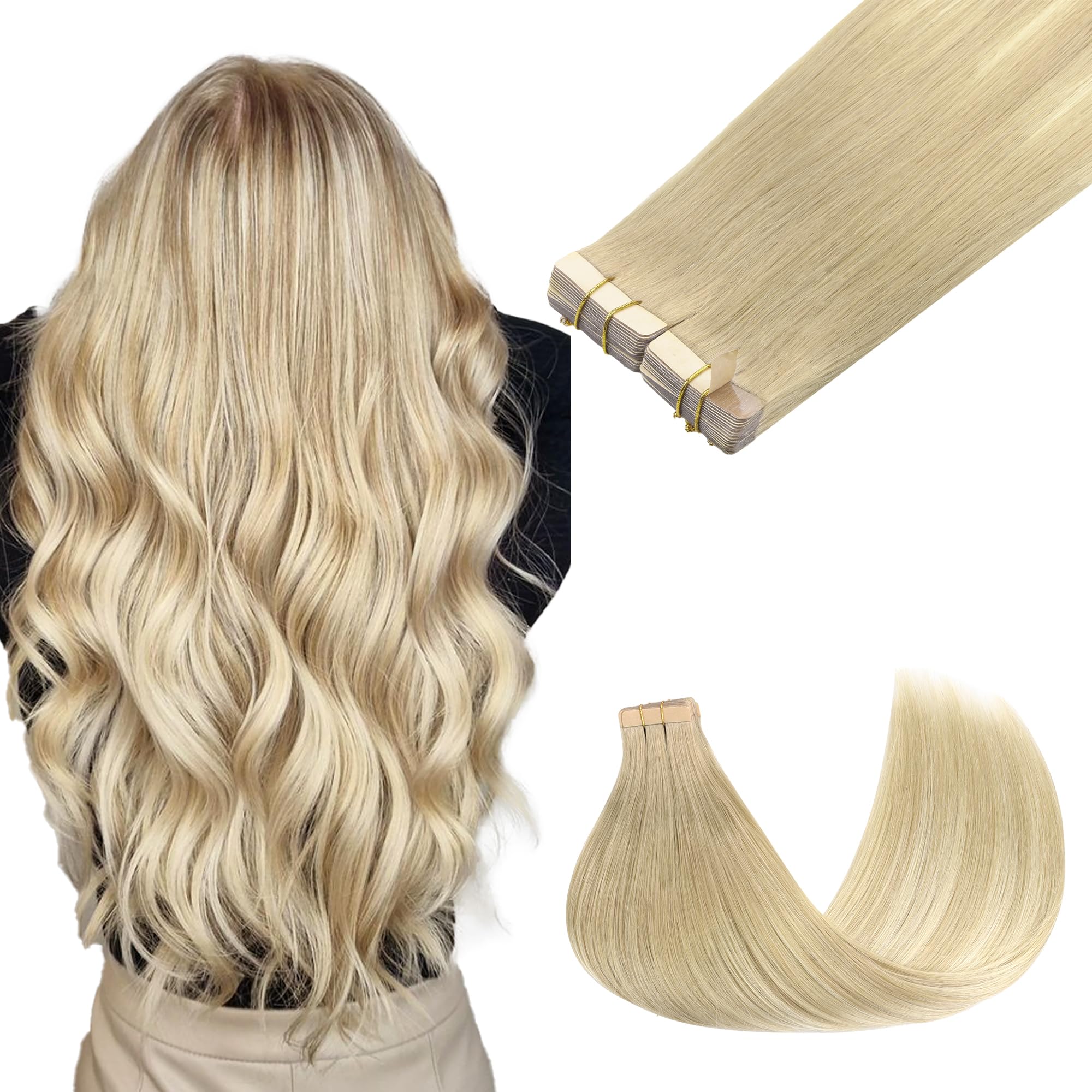 Goo Goo Tape In Hair Extensions Human Hair, 18Et90A Natural Blonde Balayage, 14Inch 100G 40Pcs, Thick Ends Straight Seamless Tap