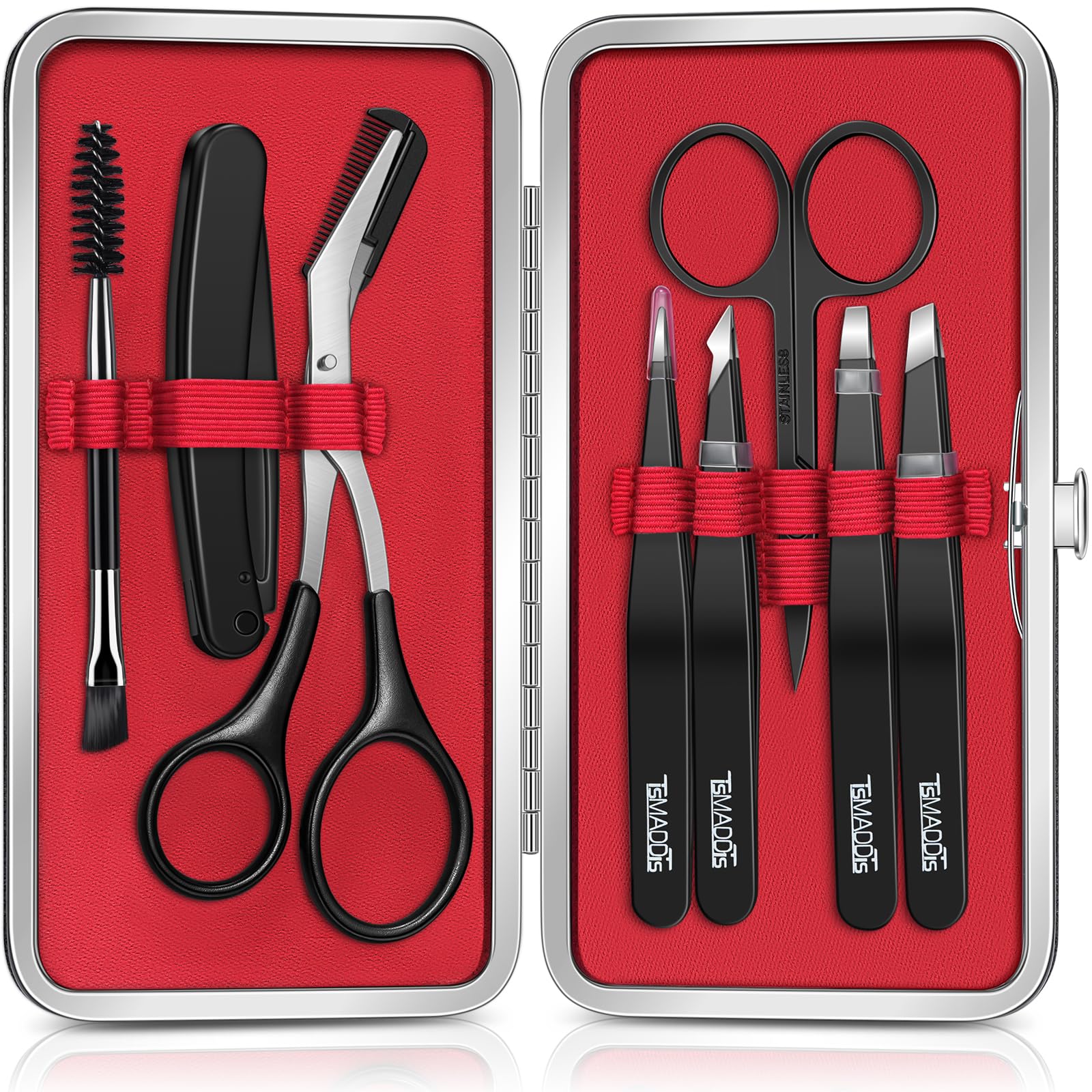 TsMADDTs Eyebrow Kit, 8 in 1 Eyebrow Trimmer Scissors, Tweezers for Women, Razor, Brush with Travel Bag, Tweezers Set for Women 