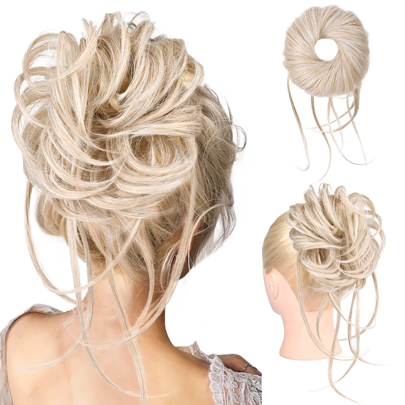HOOJIH Messy Bun Hair Piece, Super Long Tousled Updo Hair Bun Extensions Wavy Hair Wrap Ponytail Hairpieces with Elastic Hair Ba