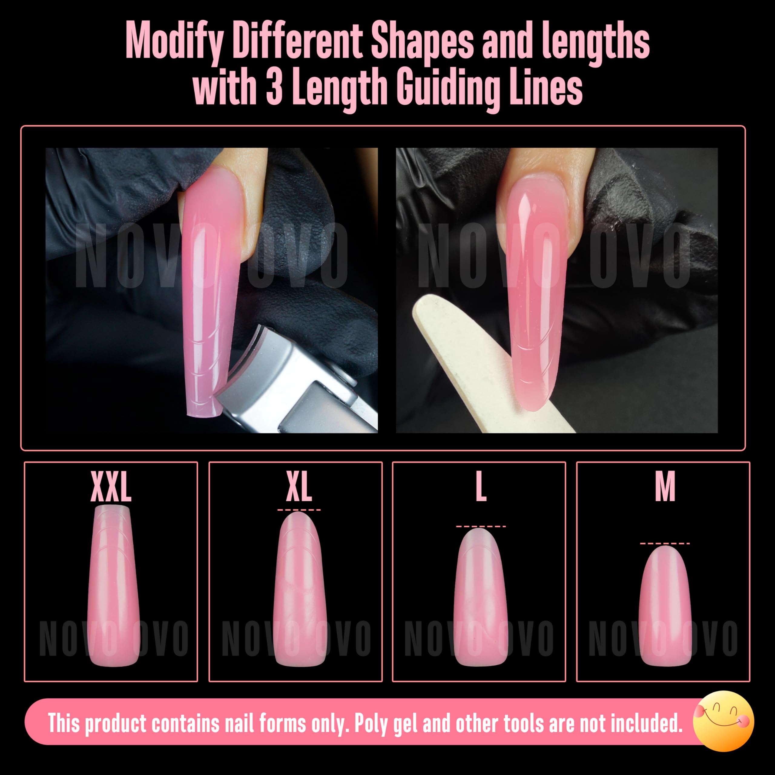 NOVO OVO Tapered Square (Sculpted) Nail Dual Forms for Poly Gel Extension with Guiding Line Inside, XL XXL Reusable Full Cover A