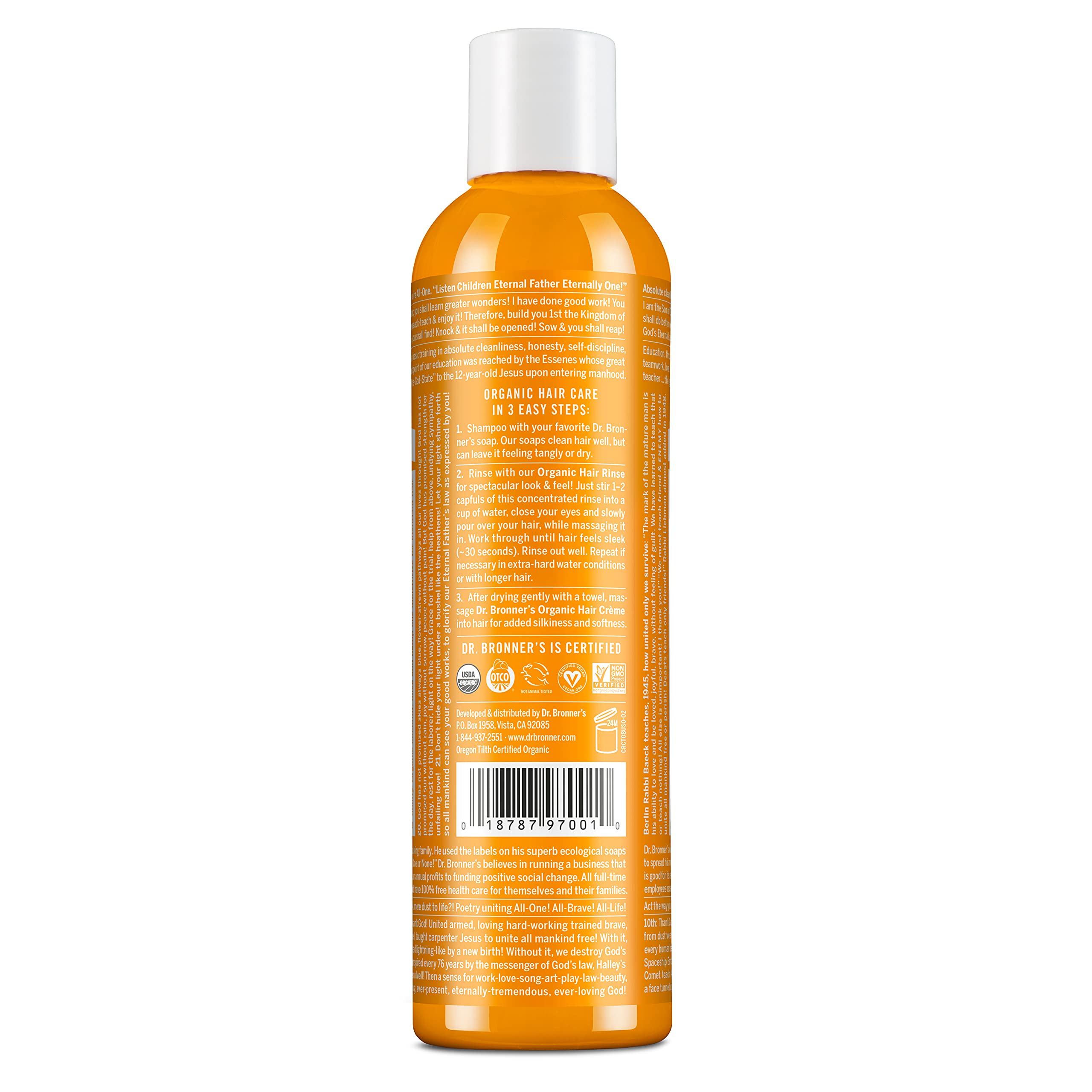 Dr. Bronner's - Organic Hair Rinse (Citrus, 8 Ounce) - Nourishing & Effective, Gentle Conditioning Cleanser for Skin & Hair, No