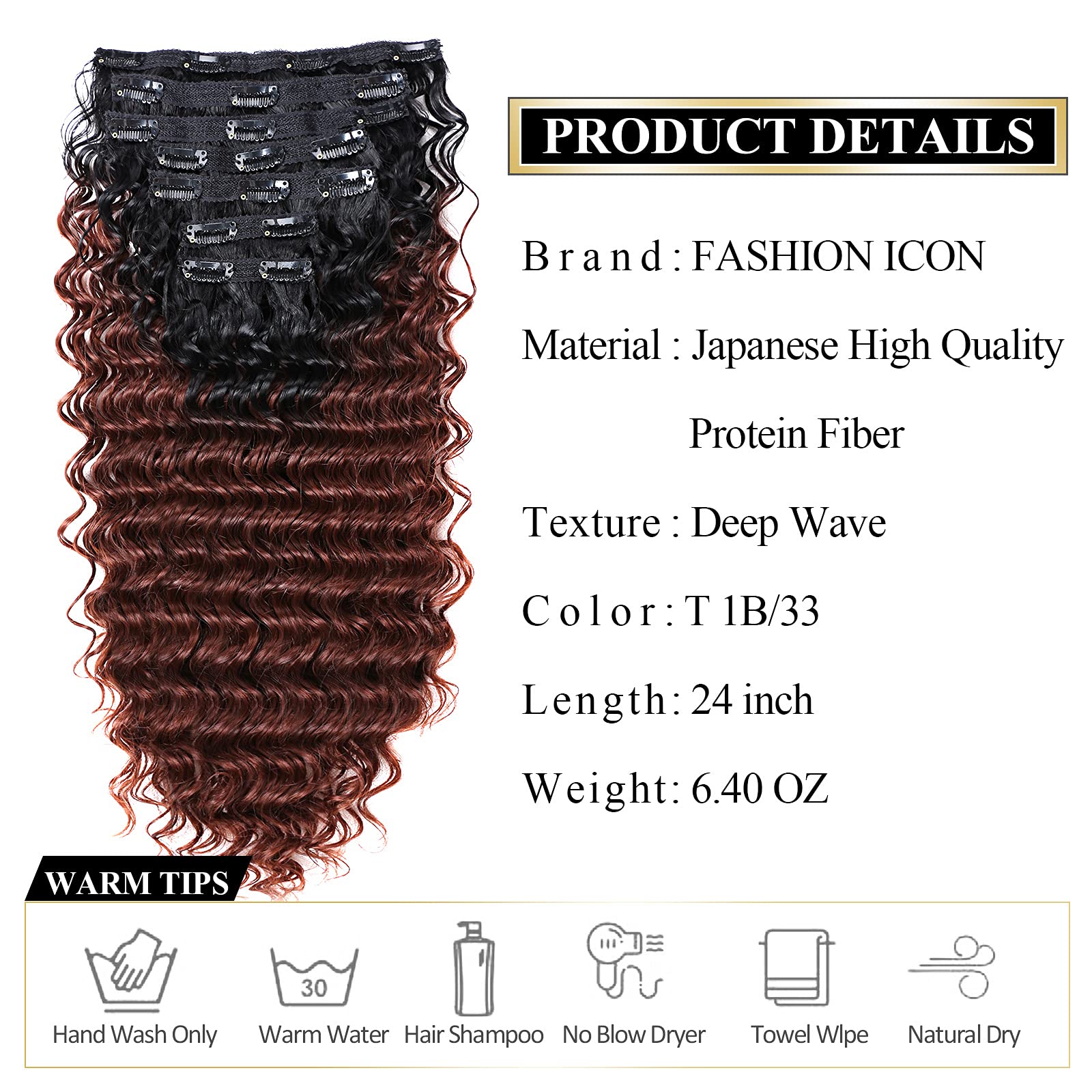 24 Inch Deep Wave Clip In Hair Extension Human Hair Feeling Double Weft Hairpiece Synthetic For Women Thick Ombre Hair Extension
