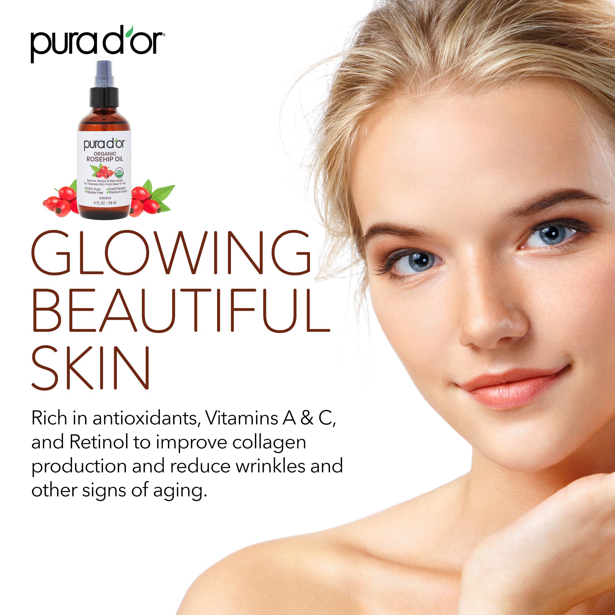 Pura D'Or Organic Rosehip Seed Oil Hair Relaxer (4 Oz X3 = 12 Oz) 100% Pure Cold Pressed Usda Certified All Natural Anti-Aging,