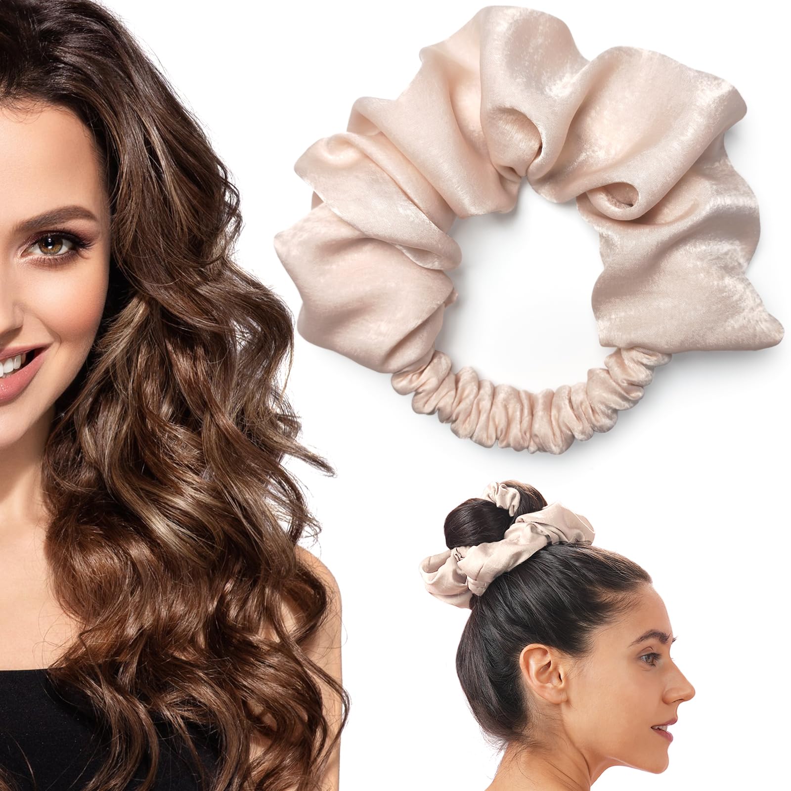 BLINKEEN Heatless Curling Scrunchie, Velvet, Beige, 1 Count (Pack of 1), Hair Roller for All Hair Types and Textures, No Heat Cu