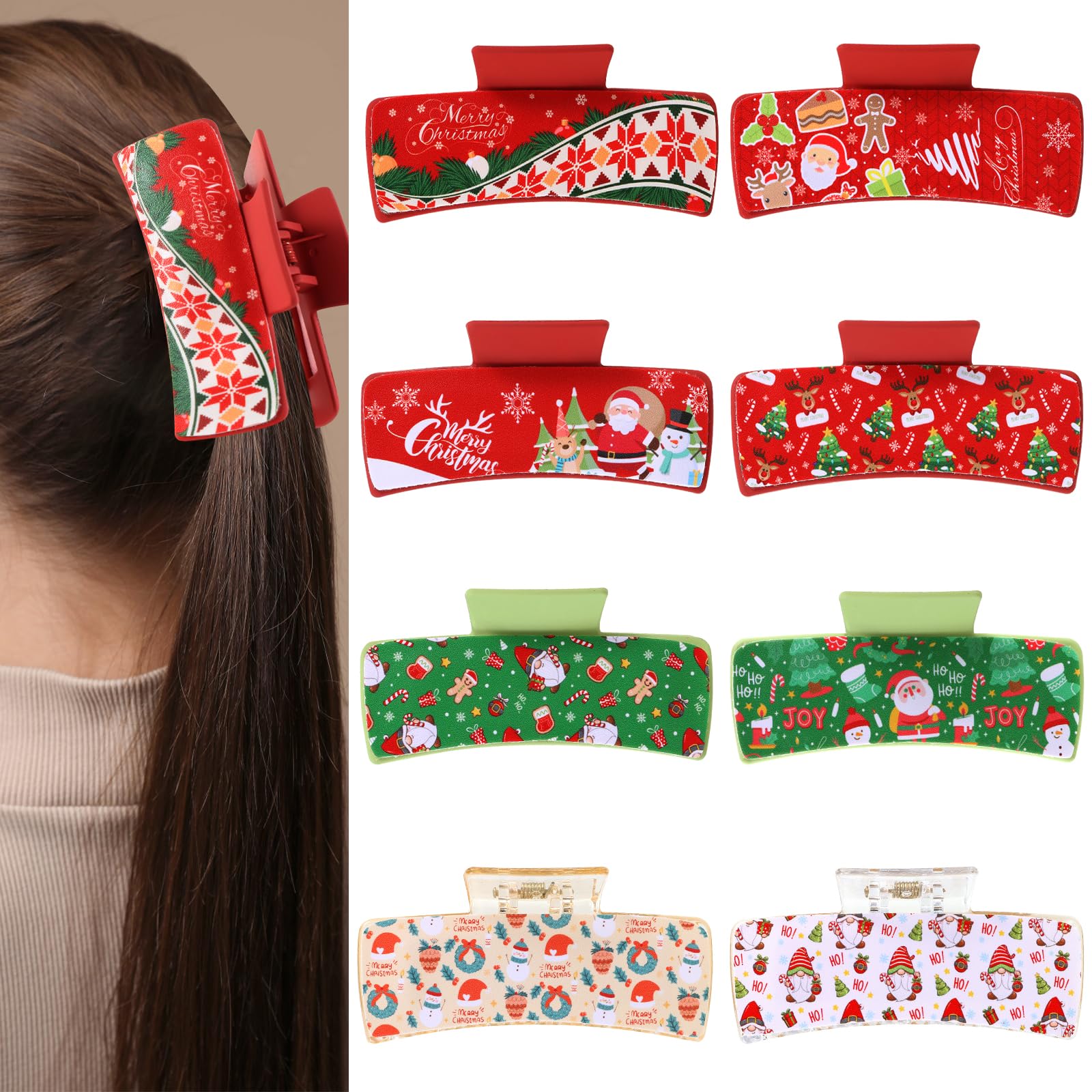 LiYiQ 8Pcs Christmas Claw Clips Christmas Hair Accessories for Women French Claw Clip Xmas Holiday Hair Clips Santa Claus Snowfl