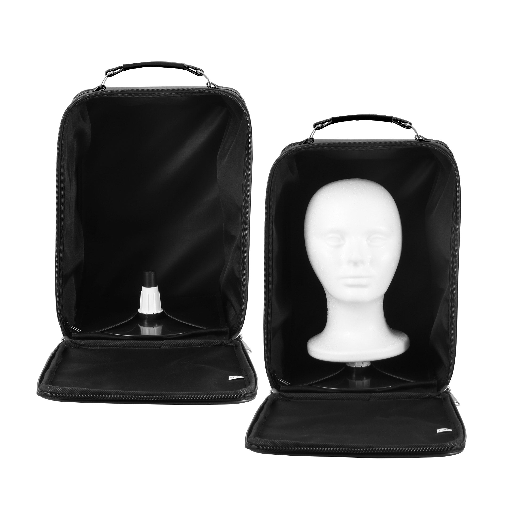 Small Wig Travel Box With Top Handle, Shoulder Strap & Double Zipper, Carrying Case With Removable Head-Holding Base - Black Squ