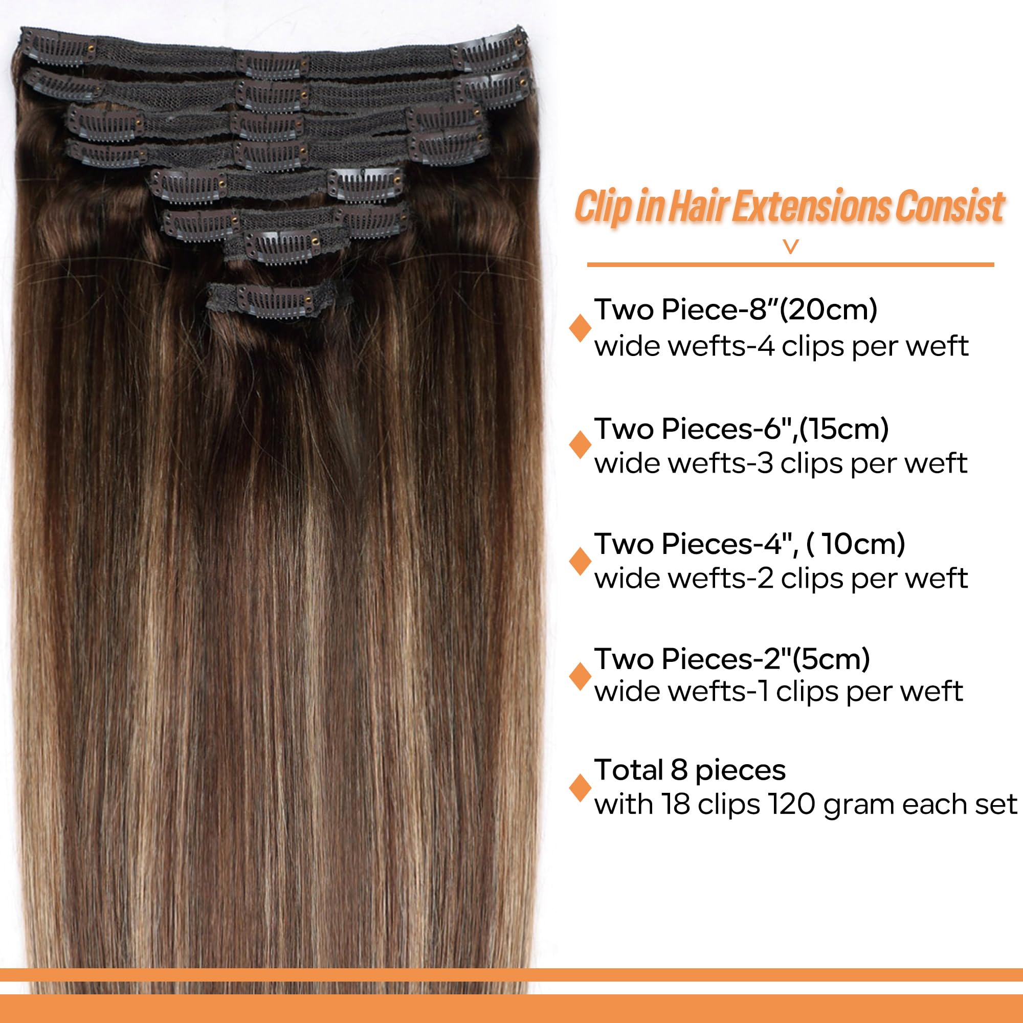 Pobokix Straight Clip In Hair Extensions Real Human Hair 8Pcs Clip In Balayage Chocolate Brown to Caramel Blonde Human Hair Exte