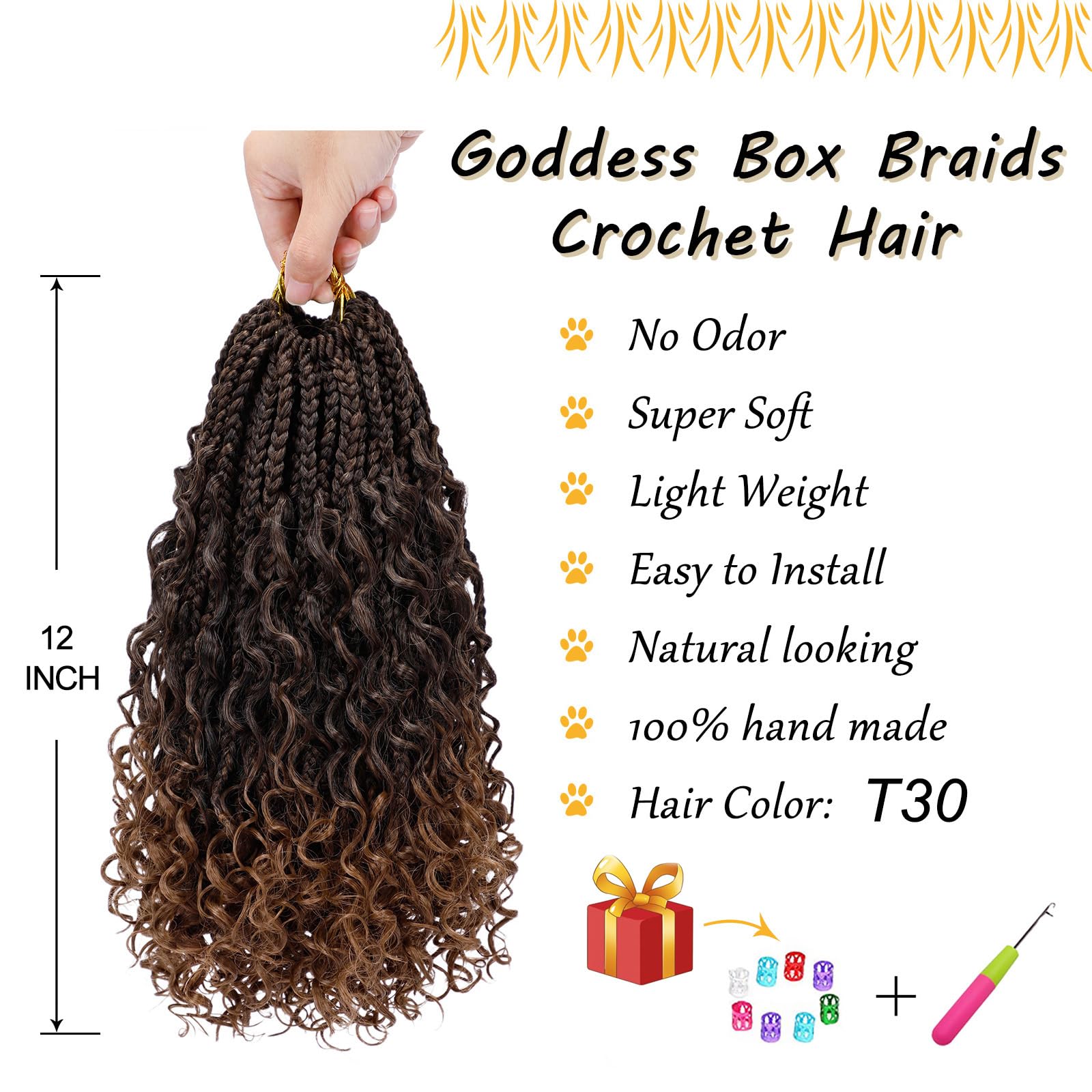 Goddess Box Braids Crochet Hair For Woman 12 Inch 7Packs Short Pre-Looped Crochet Box Braids Curly Ends Bohemian Hippie Braids S