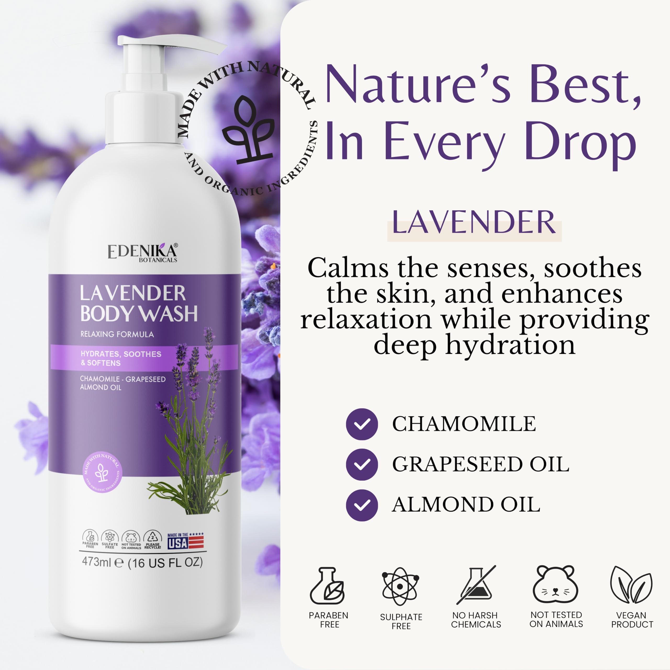EDENIKA BOTANICALS Fresh Lavender Body Wash with Chamomile, Helps You Feel Calm and Relaxed, Stress Relief Shower Gel, Natural B