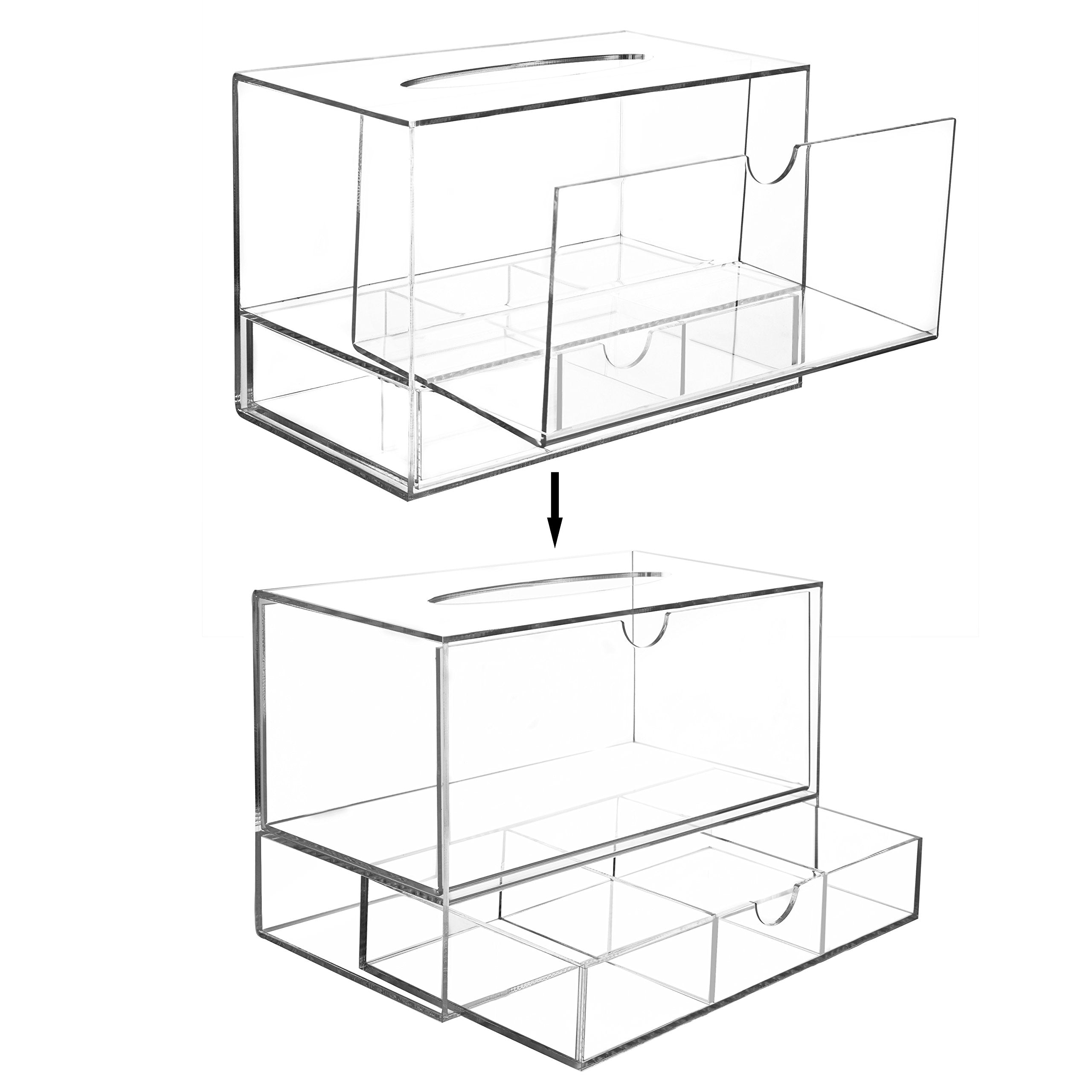 Modern Clear Acrylic Facial Tissue Dispenser Holder With Pull-Our Drawer For Makeup Cosmetics And Accessories, Vanity Countertop
