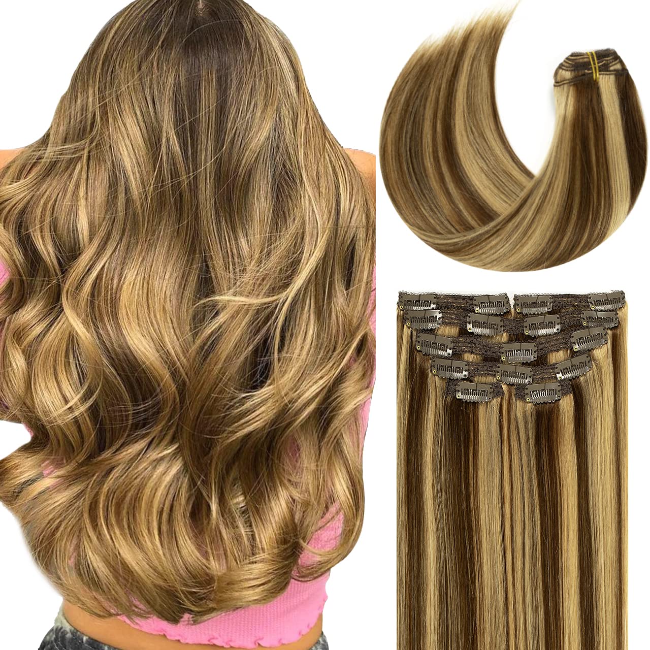 Lacerhair Real Human Hair Clip in Extensions 18 Inch Chocolate Brown Lowlight Light Golden Brown P#4/12 Salon Quality Remy Hair