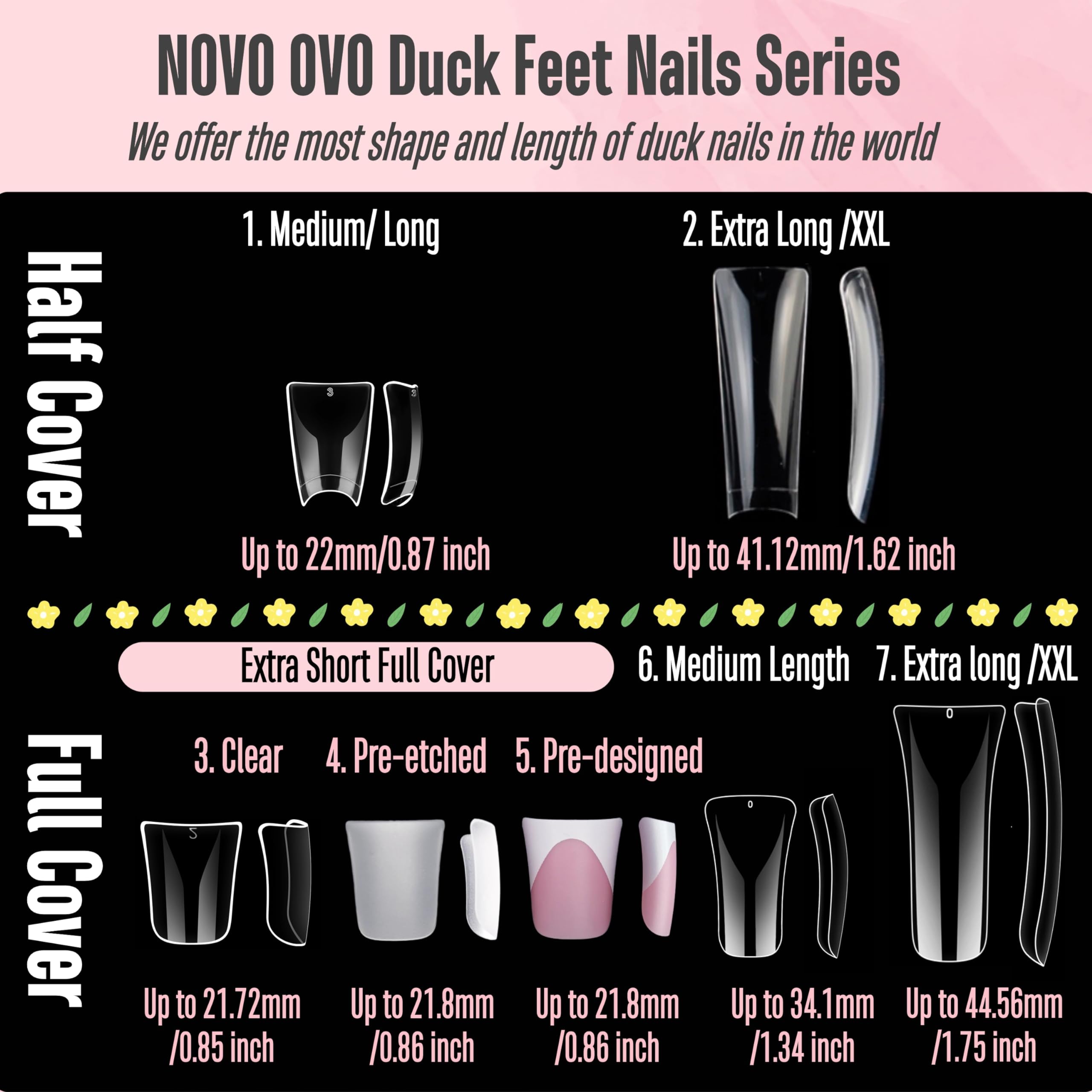 NOVO OVO 550 pcs Transparent Clear Crystal Duck Feet Style Flare Nail Tips Y2K Vibe Half Cover C Curve Wide French False Nail Ex