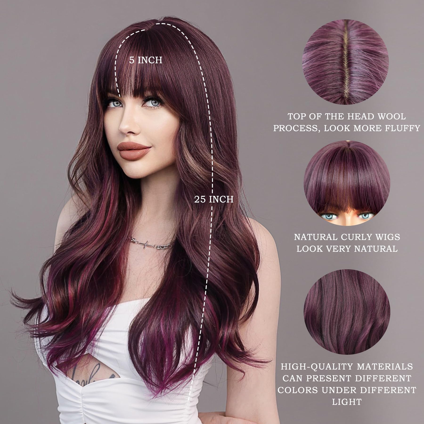 7Jhh Wigs Highlight Layered Dark Purple Wig With Bang Long Straight Synthetic Women Natural Balayaga Light Purple Wig Daily Used