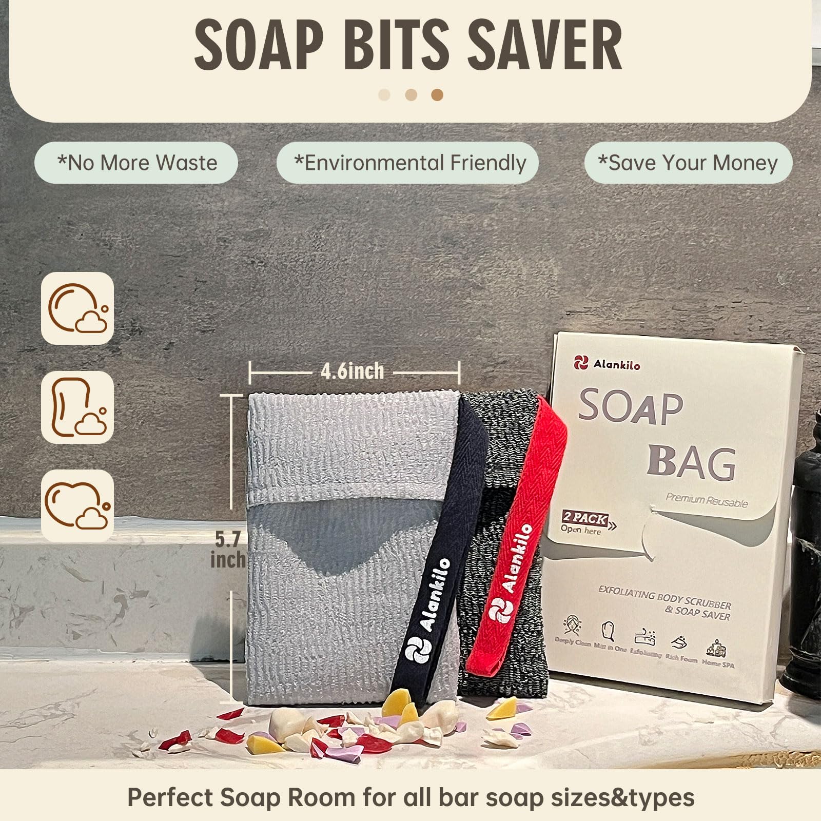 Alankilo 2 Pieces Soap Bags For Soap Bars, Exfoliating Soap Saver Bags, Foaming Bar Soap Pouches For Use In Baths Or Showers(Gre