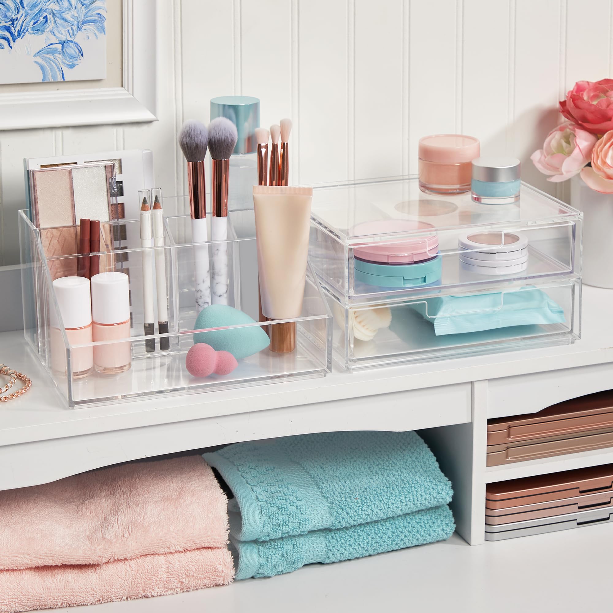 Stori Chloe Stackable Clear Makeup Holder And Double Organizer Drawer Set  Organize Cosmetics And Beauty Supplies  Made In Usa