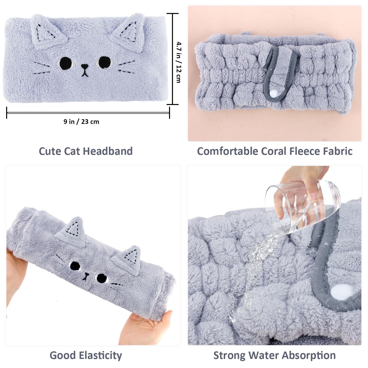 Atoden Cat Ears Spa Wristband Set - Cute Animal Makeup Headband & Skincare Headband for Washing Face - Elastic Face Wash Hair Ba