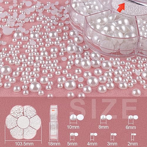 Nail Art Flat Back Half Round Pearl Kits 3, 1 Box of 5600 Pcs Flat-Back White Pearl with Tweezer and Picker Pencil for Home DIY