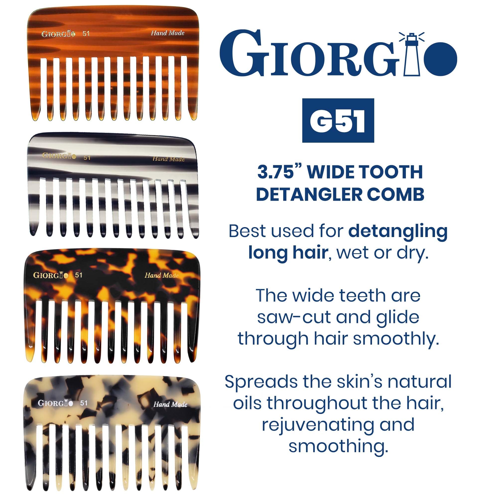 Giorgio G51Ty Small Travel Purse Hair Detangling Comb, Wide Teeth Pocket Comb For Thick Curly Wavy Hair. Hair Detangler Comb For