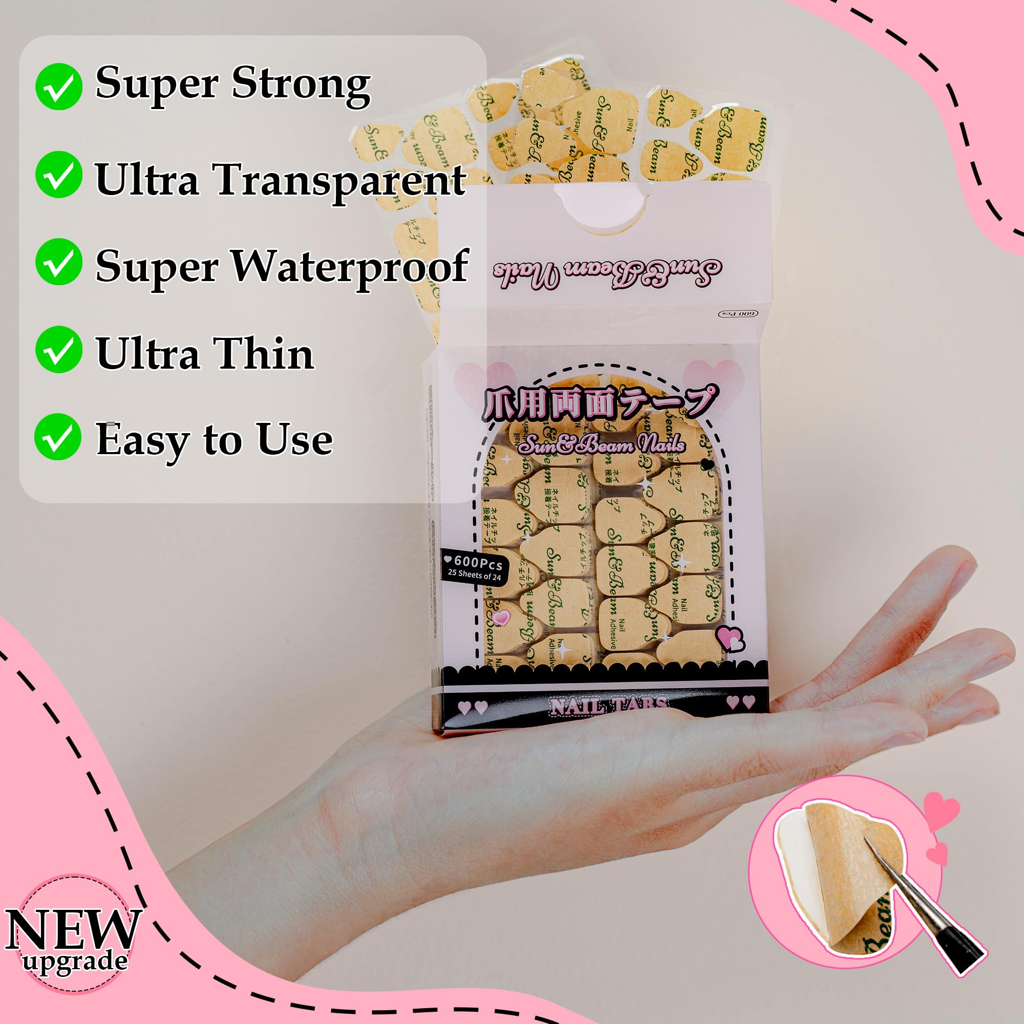 Sun&Beam Nails Adhesive Tabs 25 Sheets For Press On False Nail Tip Gel Glue Double Sided Tape Stickers Waterproof Transparent St