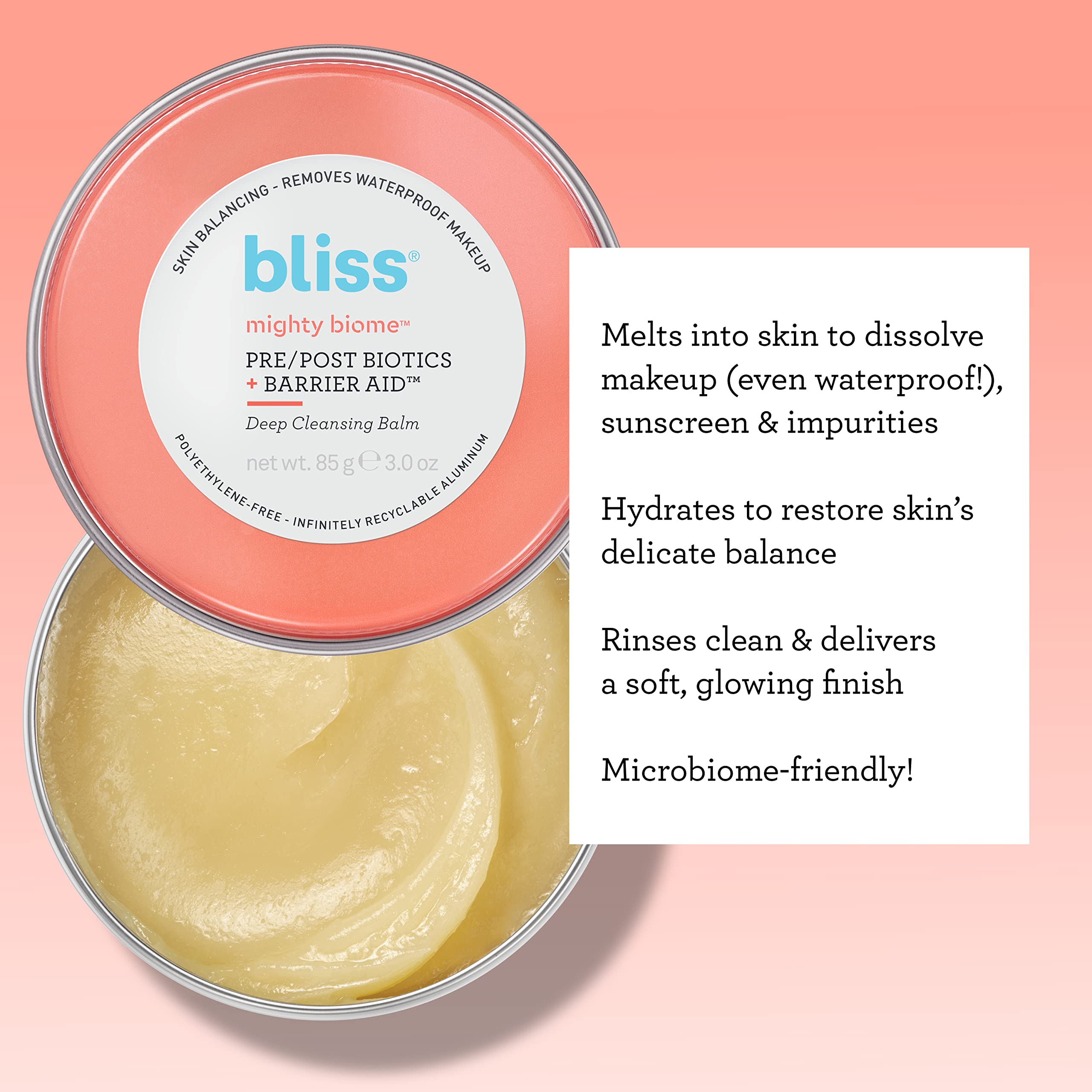 Bliss Mighty Biome Deep Cleansing Balm - 3 Oz - Vegan, Antioxidants, Pre/Post Biotics, Dissolves Waterproof Makeup