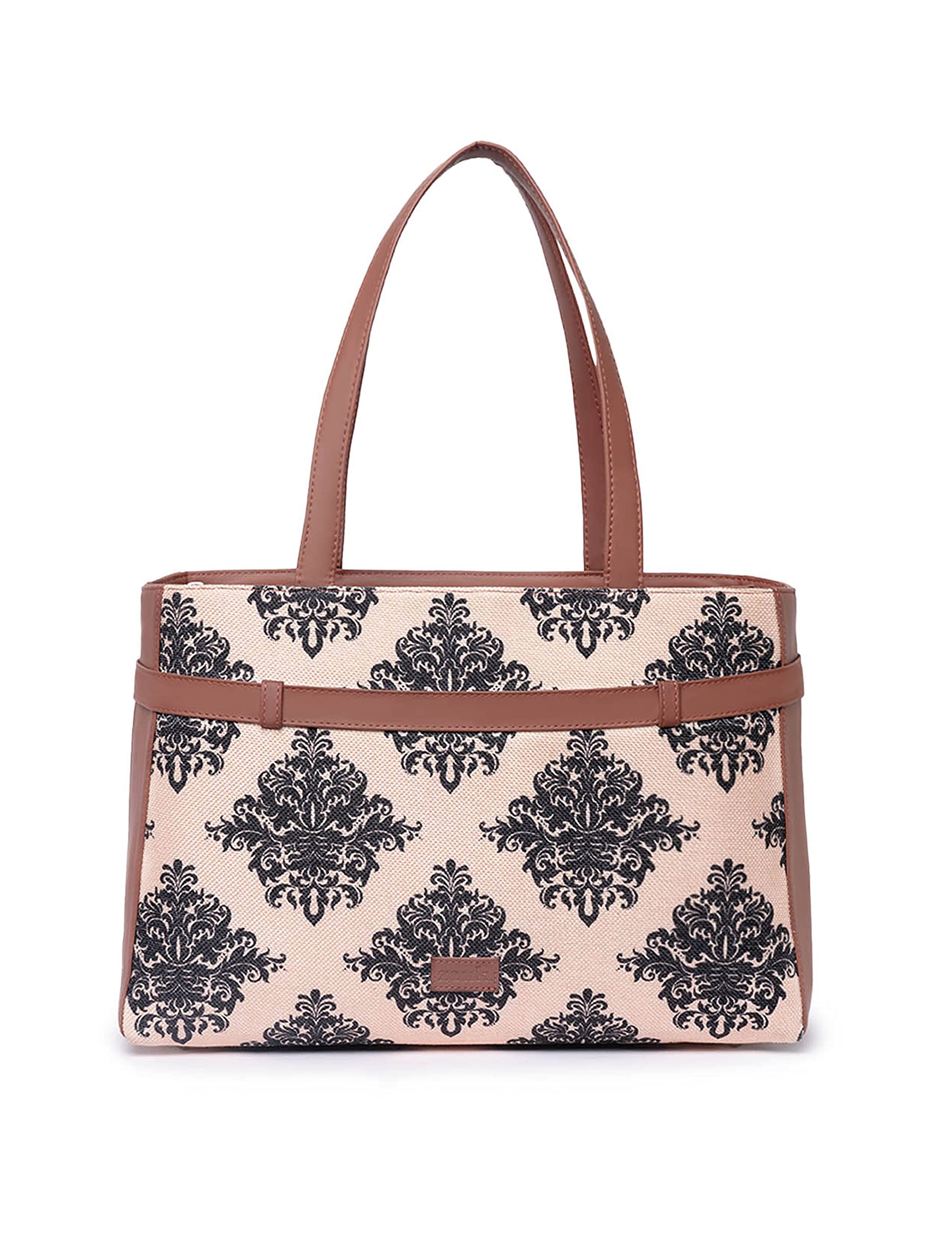 Zouk Mughal Motif Printed WomenS Jute Handcrafted Vegan Leather Cream And Black Statement Office Shoulder Bag