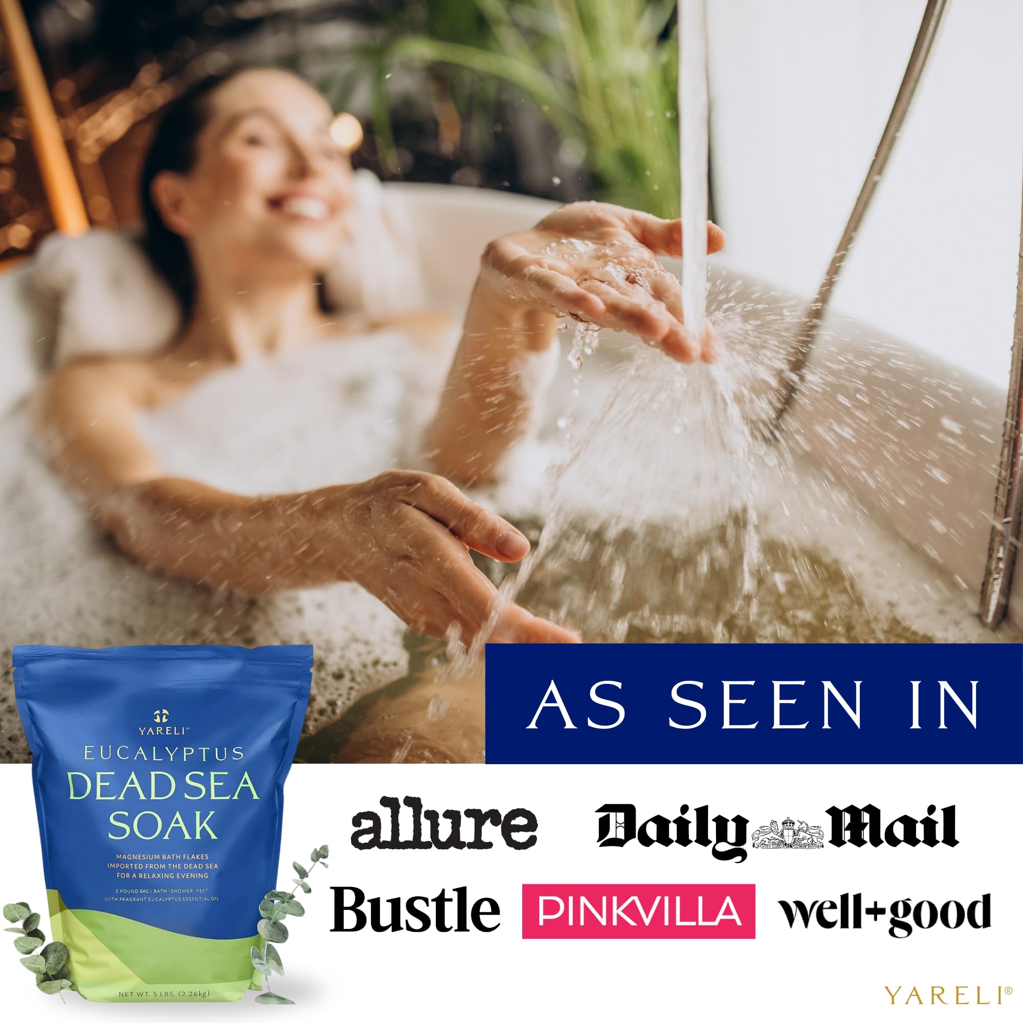 Yareli Dead Sea Bath & Foot Soak, Eucalyptus Magnesium Bath Salt Flakes, Alternative To Epsom Salt, 5Lbs With Over 250,000Mg Of