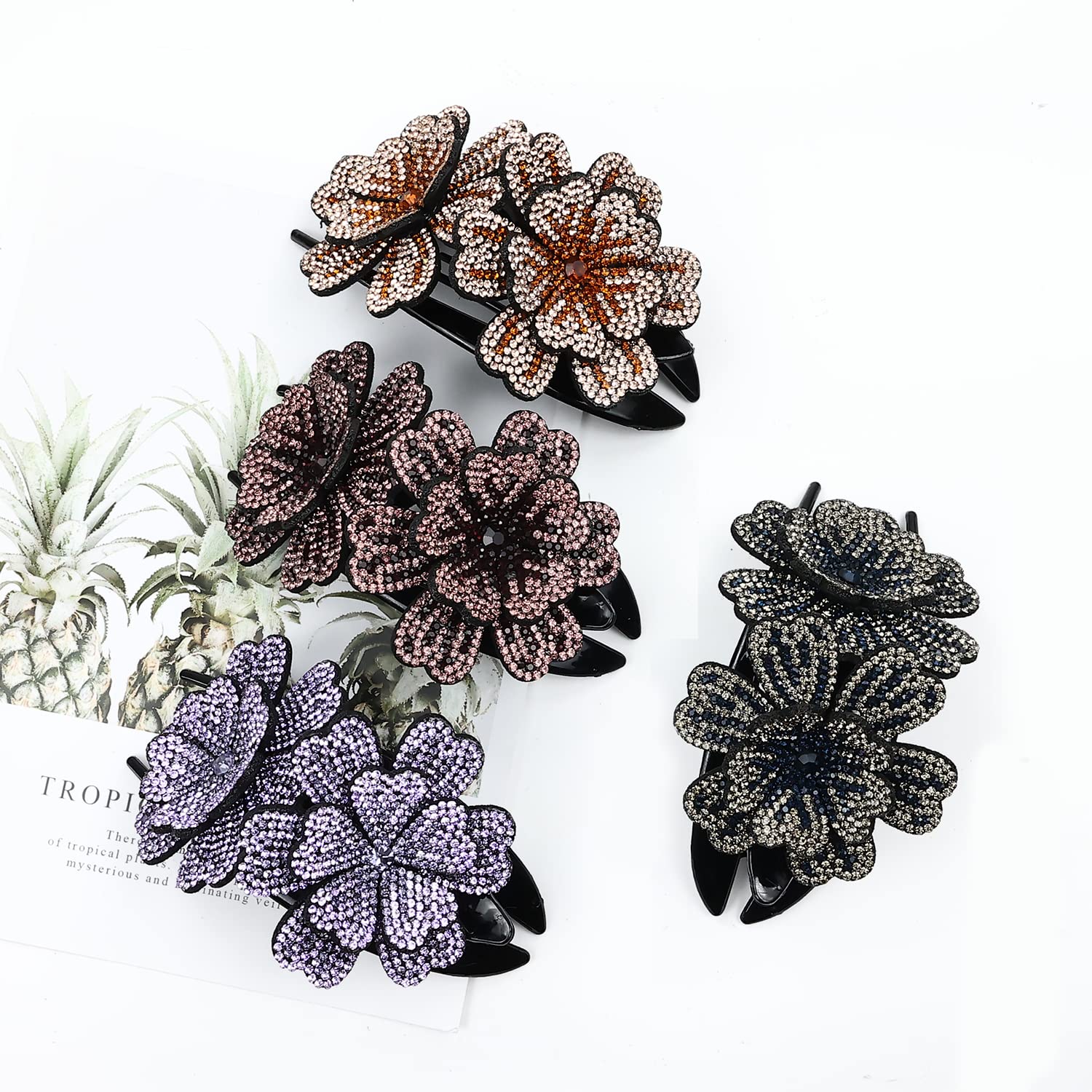 Insowni 4 Pack Luxury Fancy Gems Korean Decorative Glitter Sparkly Crystals Rhinestones Double Flower Hair Claws Clips Plastic B