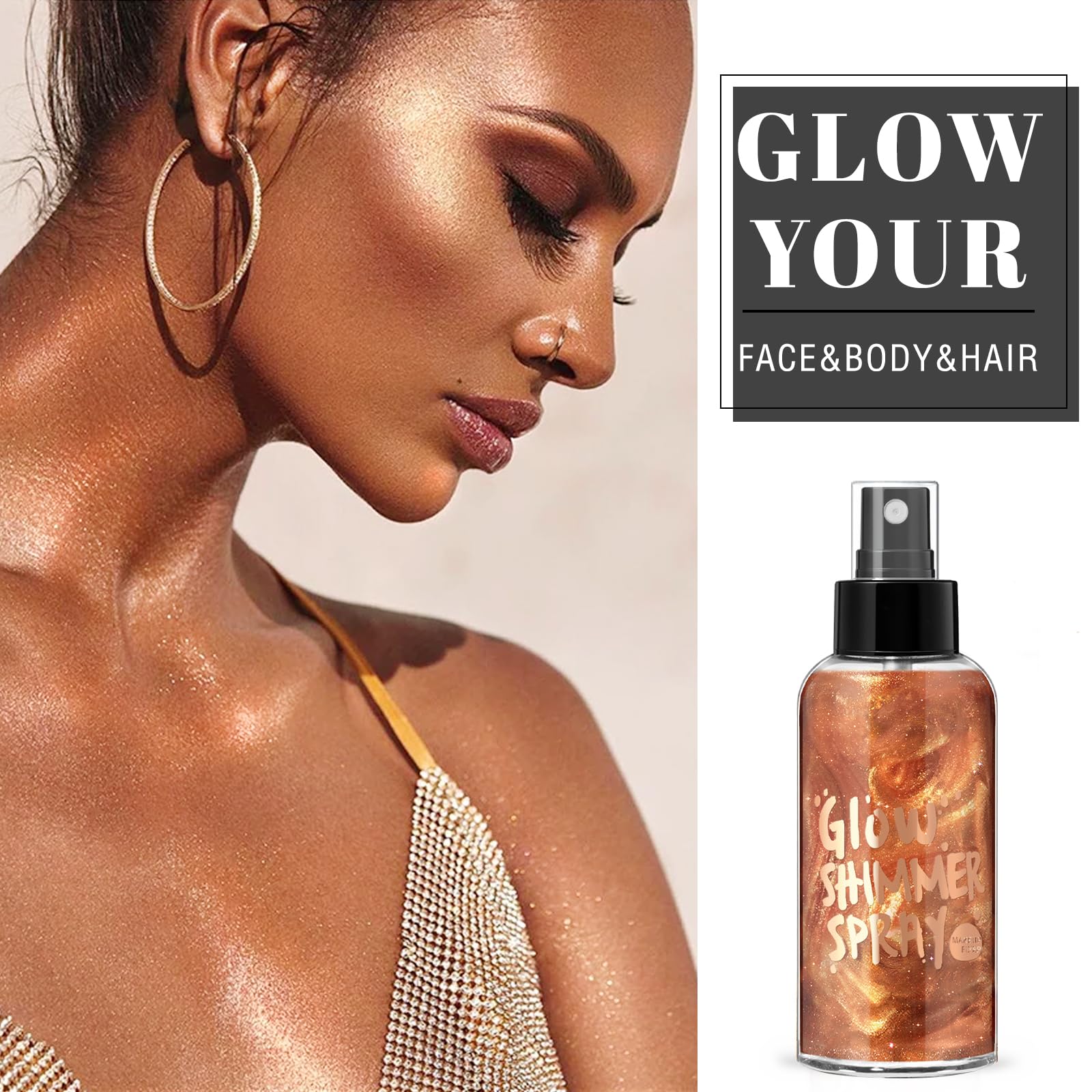 HOSAILY Body Glitter Spray, Bronze Body Shimmer Spray for Face Hair and Body, Moisturizing Luminizer Glow Illuminator Quick-Dryi