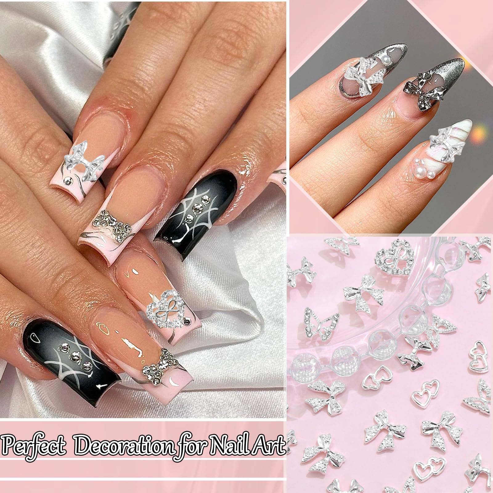 RODAKY 44PCS Silver Nail Charms Bow Butterfly Charms for Nails 3D Heart Nail Gems Y2K Nail Decoration for Women Girls Manicure D