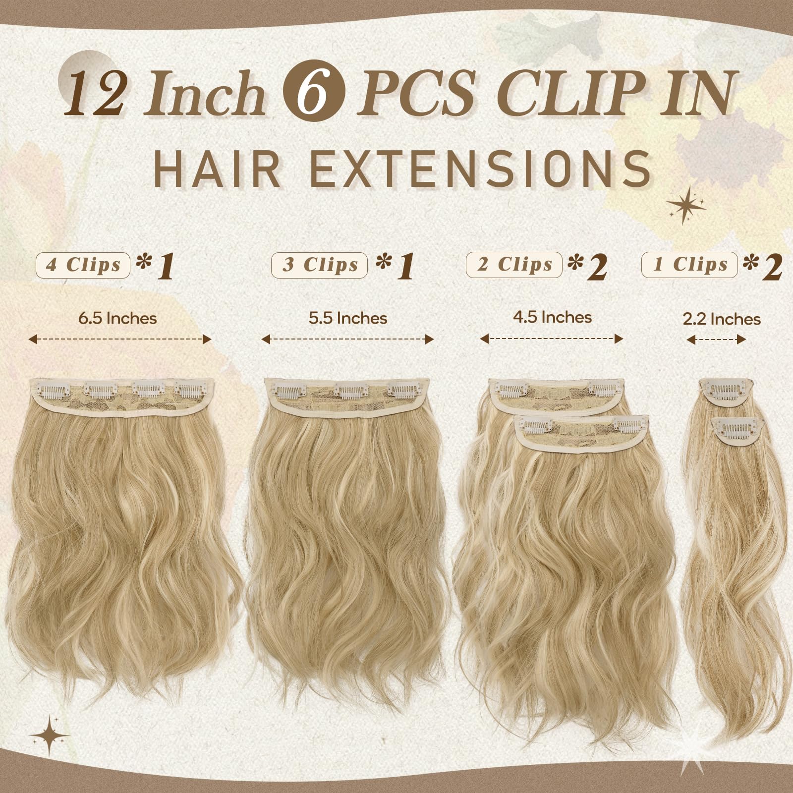 Barsdar Blonde Clip In Hair Extensions - 12 Inch Short Wavy Clip In Hair Extensions For Women - 6Pcs Thick Soft Synthetic Clip I