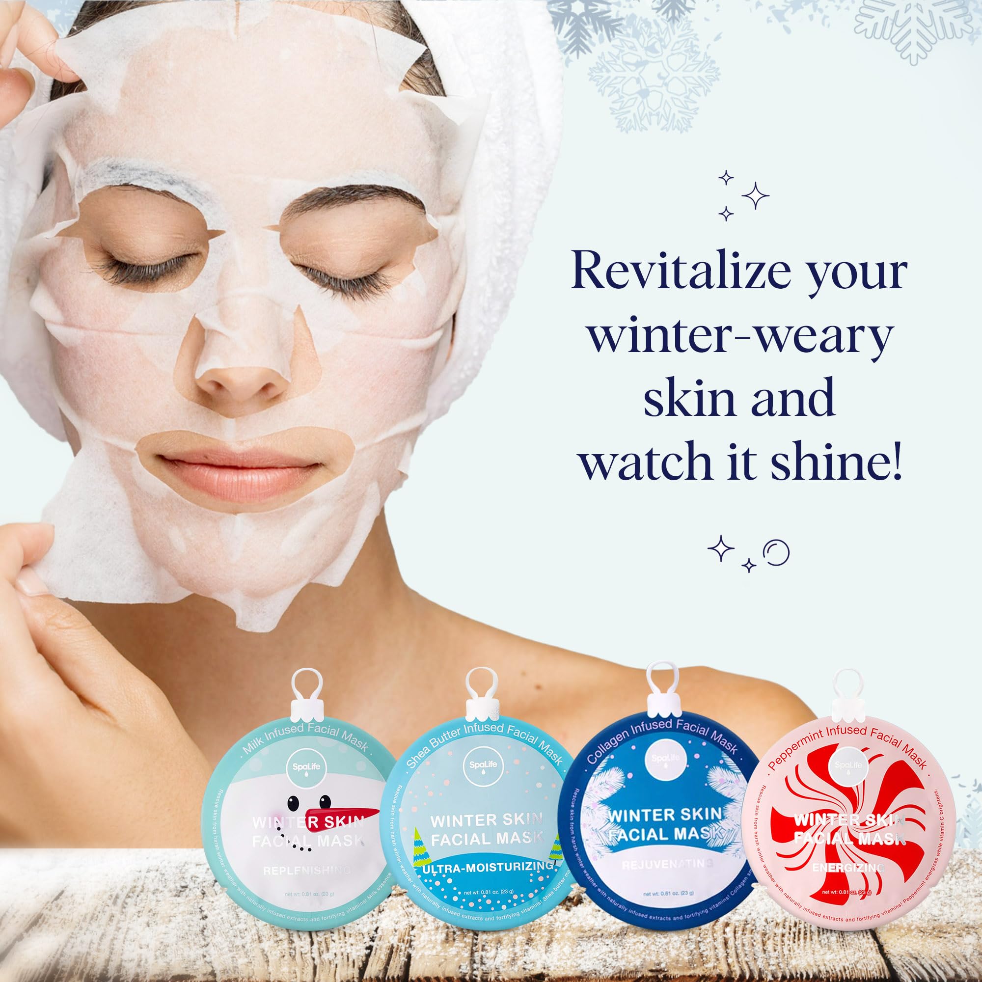 Spalife Winter Skin Facial Mask 12-Count Set - Infused With 4 Skin-Loving Ingredients - Moisturizing And Hydrating Sheet Masks -