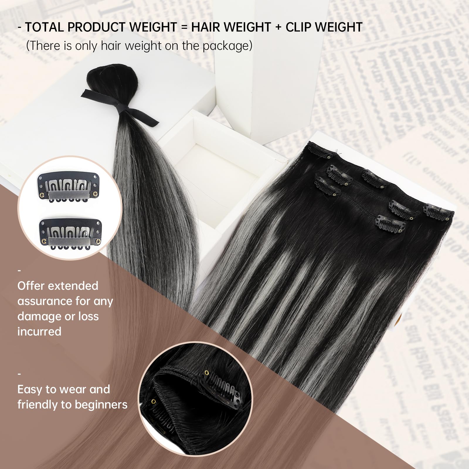 Sunny Silver Clip in Extensions Real Human Hair Black Grey Clip in Hair Extensions Human Hair Natural Black Ombre Silver Balayag