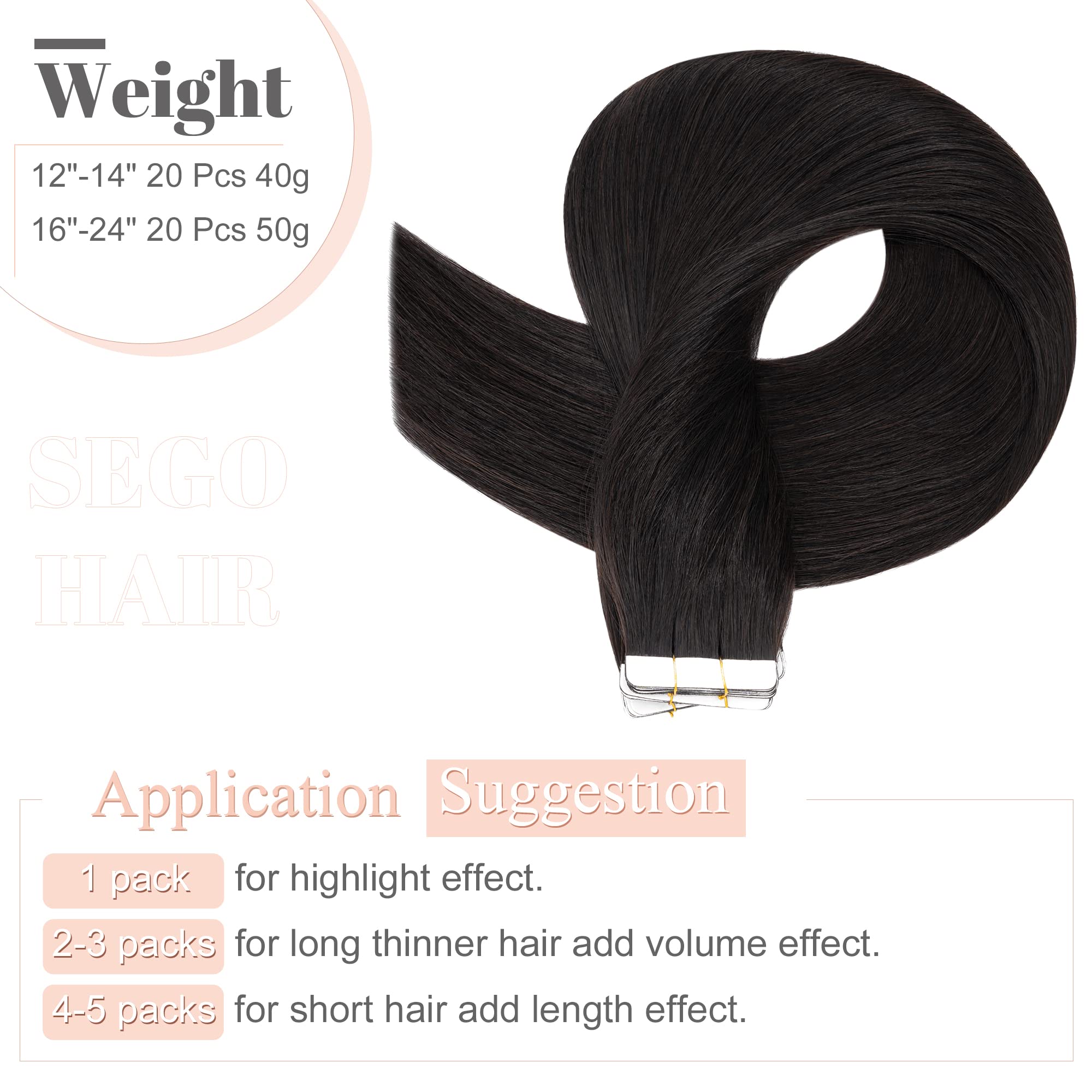 Sego Tape In Hair Extensions Human Hair 22 Inch Natural Black 20Pcs 50G Straight Natural 100% Remy Rooted Seamless Skin Weft Inv
