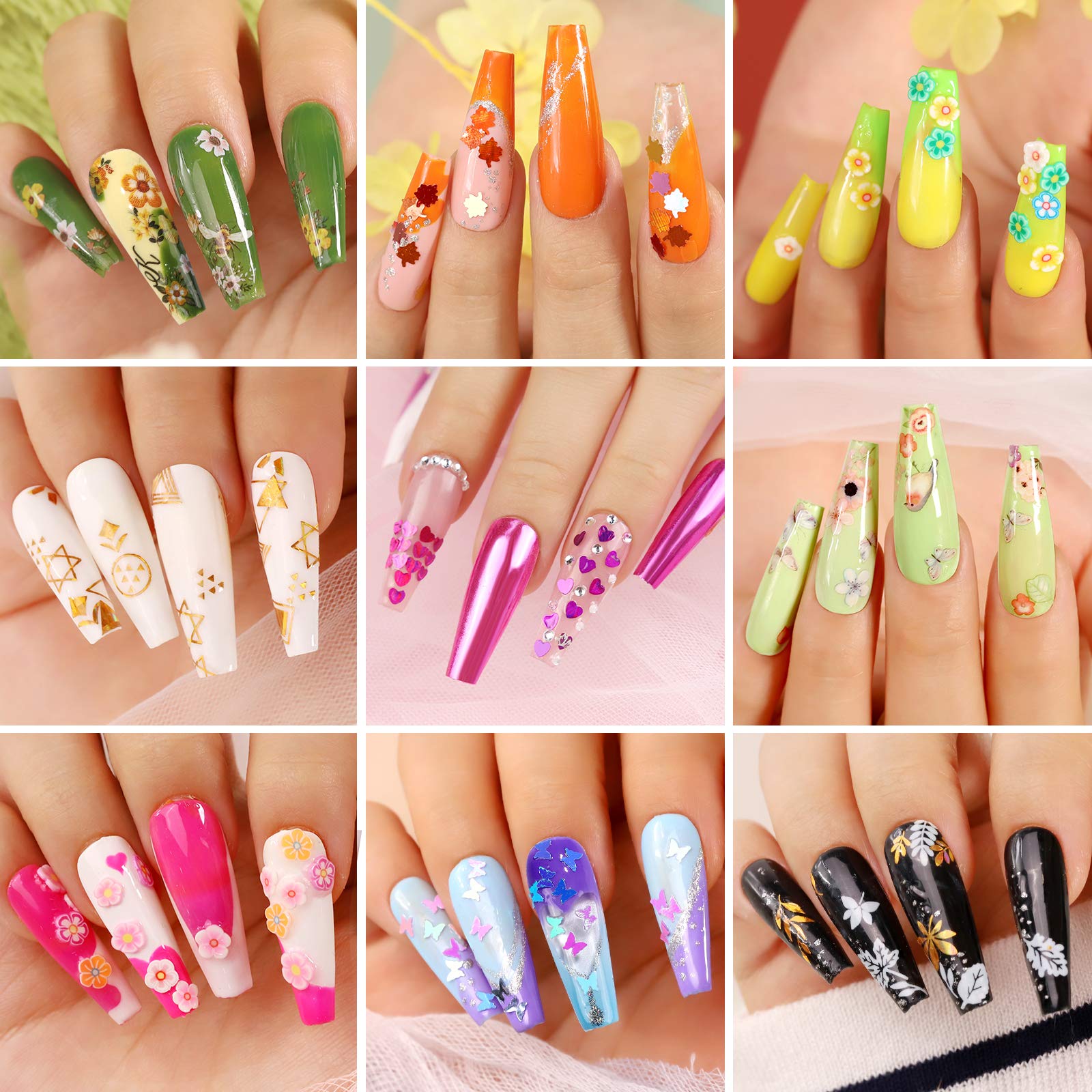 12 Sheets Nail Art Sticker 3D Self-Adhesive, Teenitor Nail Art Decoration with 5 Boxes Holographic Nail Art Glitter Flakes Butte