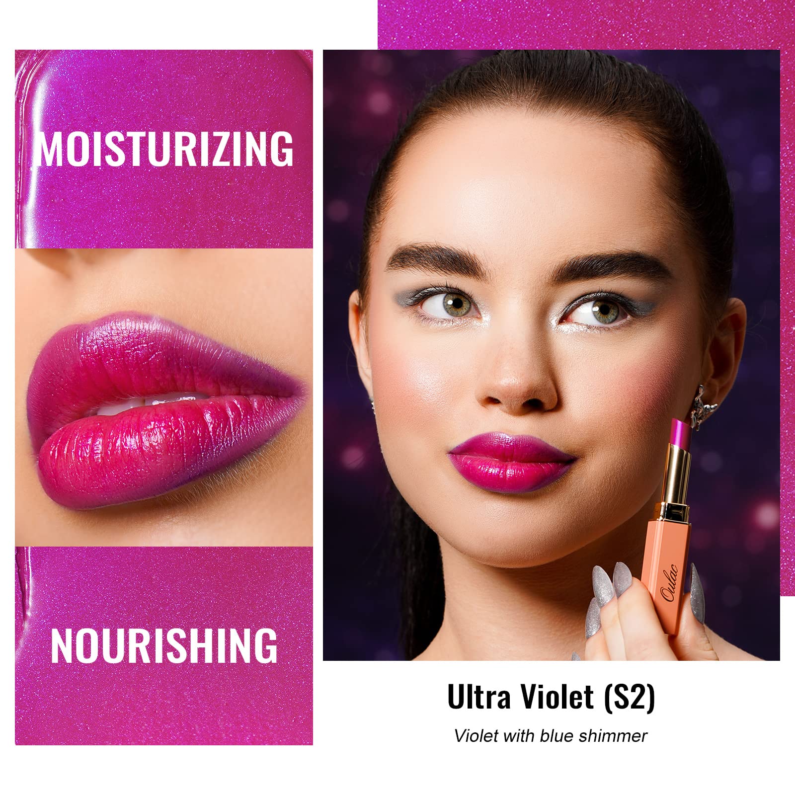 Oulac Moisture Pink Purple Lipstick - 2 In 1 Shimmer Lipstick & Lip Balm, Juicy & Glossy Finish, Long Lasting Hydrating, Smooth