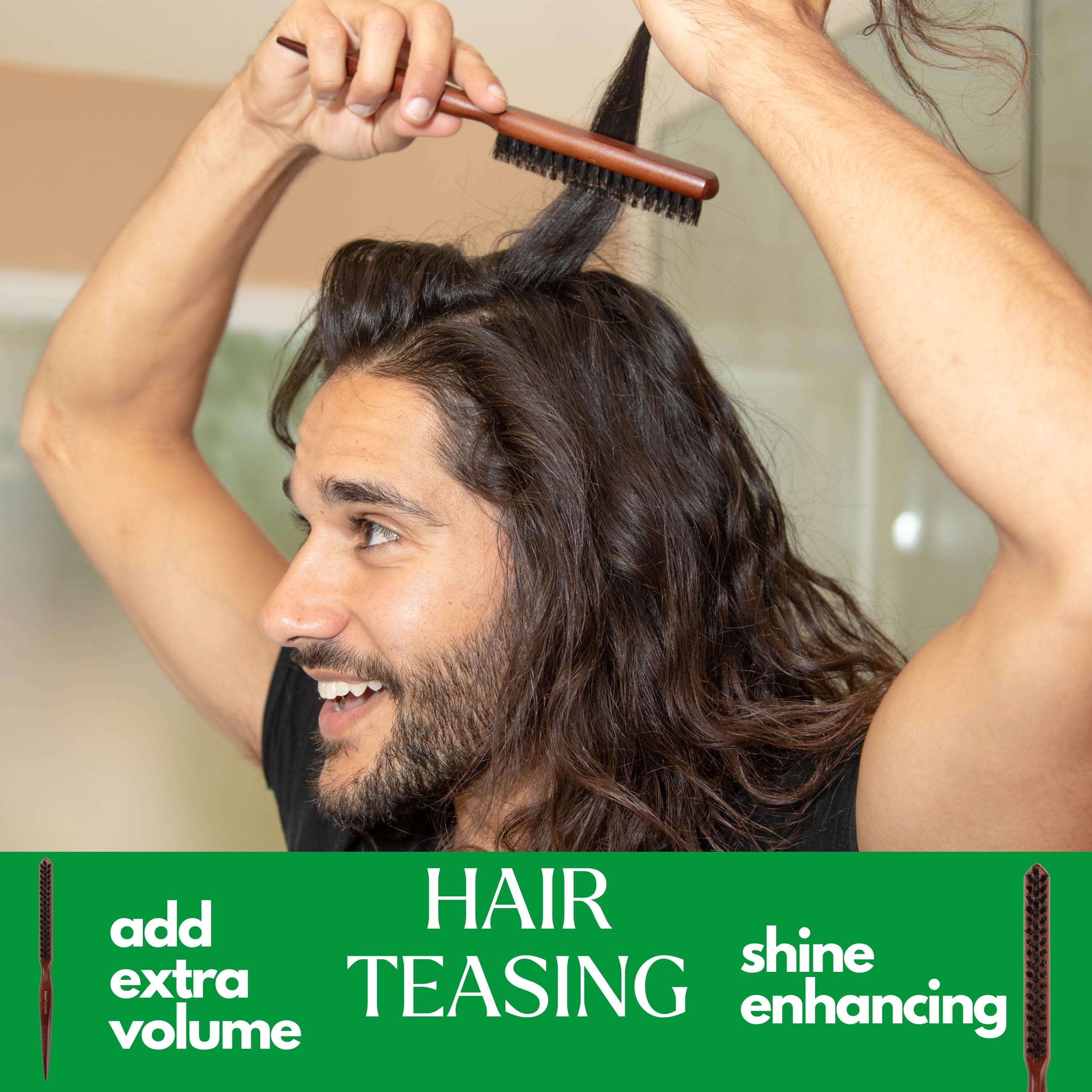 Grannaturals Teasing Boar Bristle Hair Brush For Women - Teasing Comb With Rat Tail Pick For Hair Sectioning Used For Edge Contr
