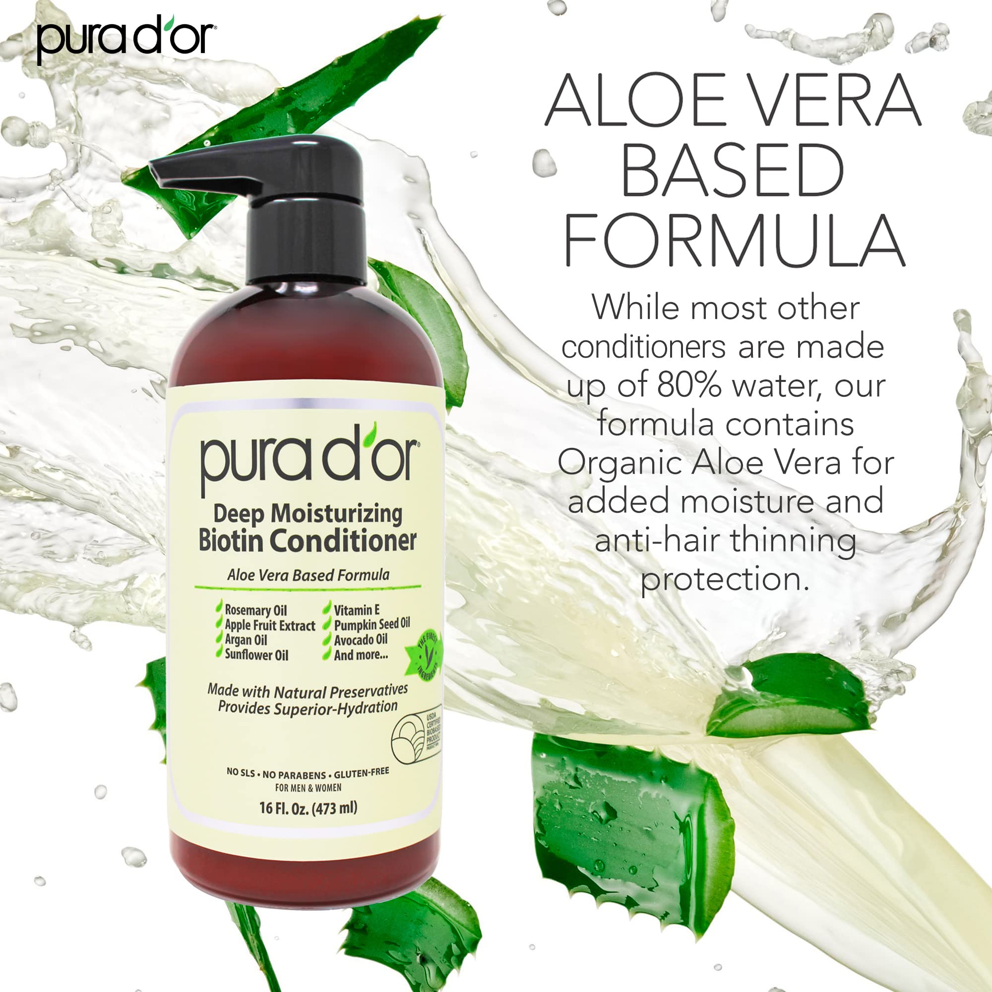 Pura D'Or Deep Moisturizing Biotin Conditioner Thickens, Softens, & Moisturizes Dry, Frizzy, Damaged Hair W/Argan Oil, Pumpkin,