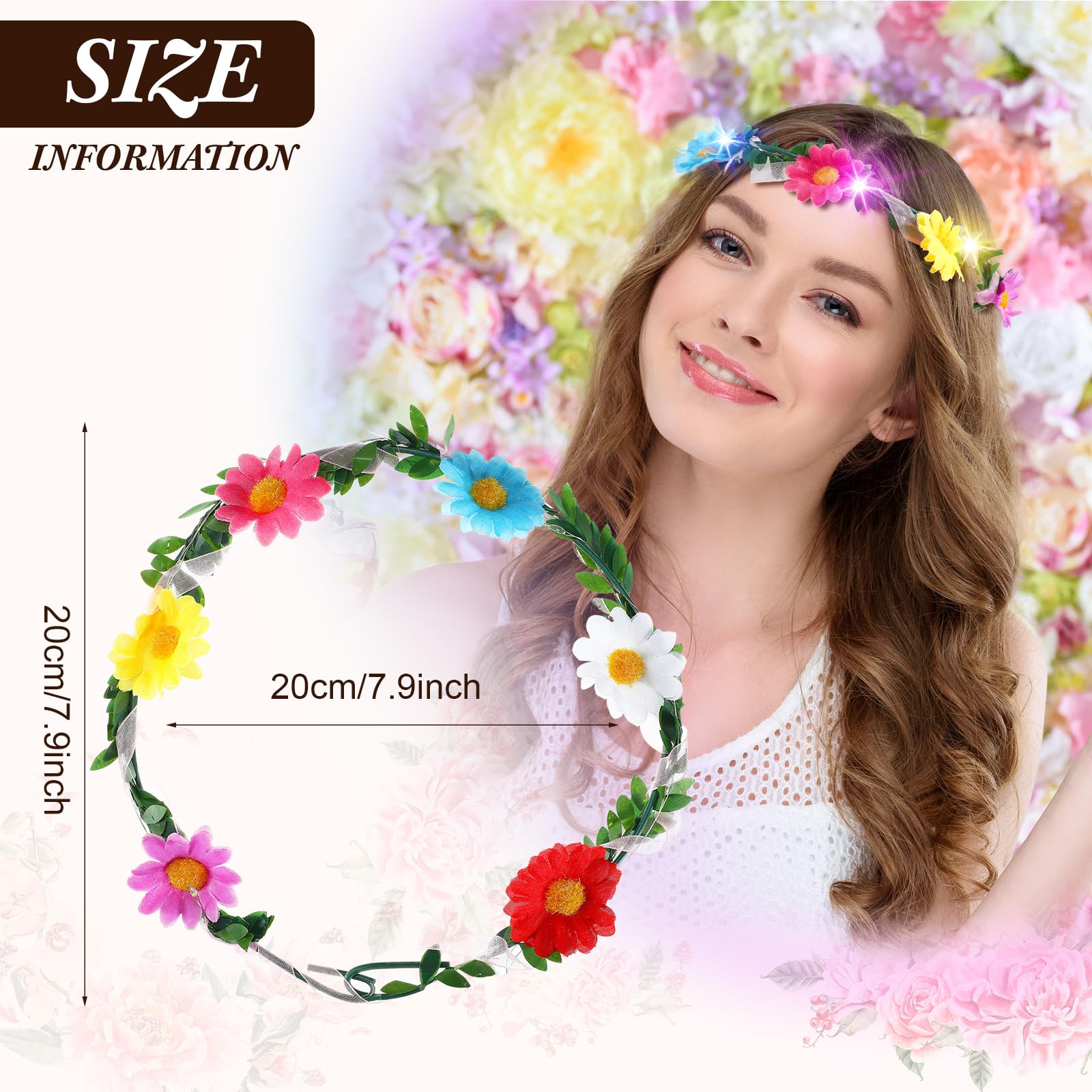 40 Pcs LED Flower Headband, Light up Flower Crown Garland Flower Headdress Floral Headpiece for Women Hair Accessories Birthday