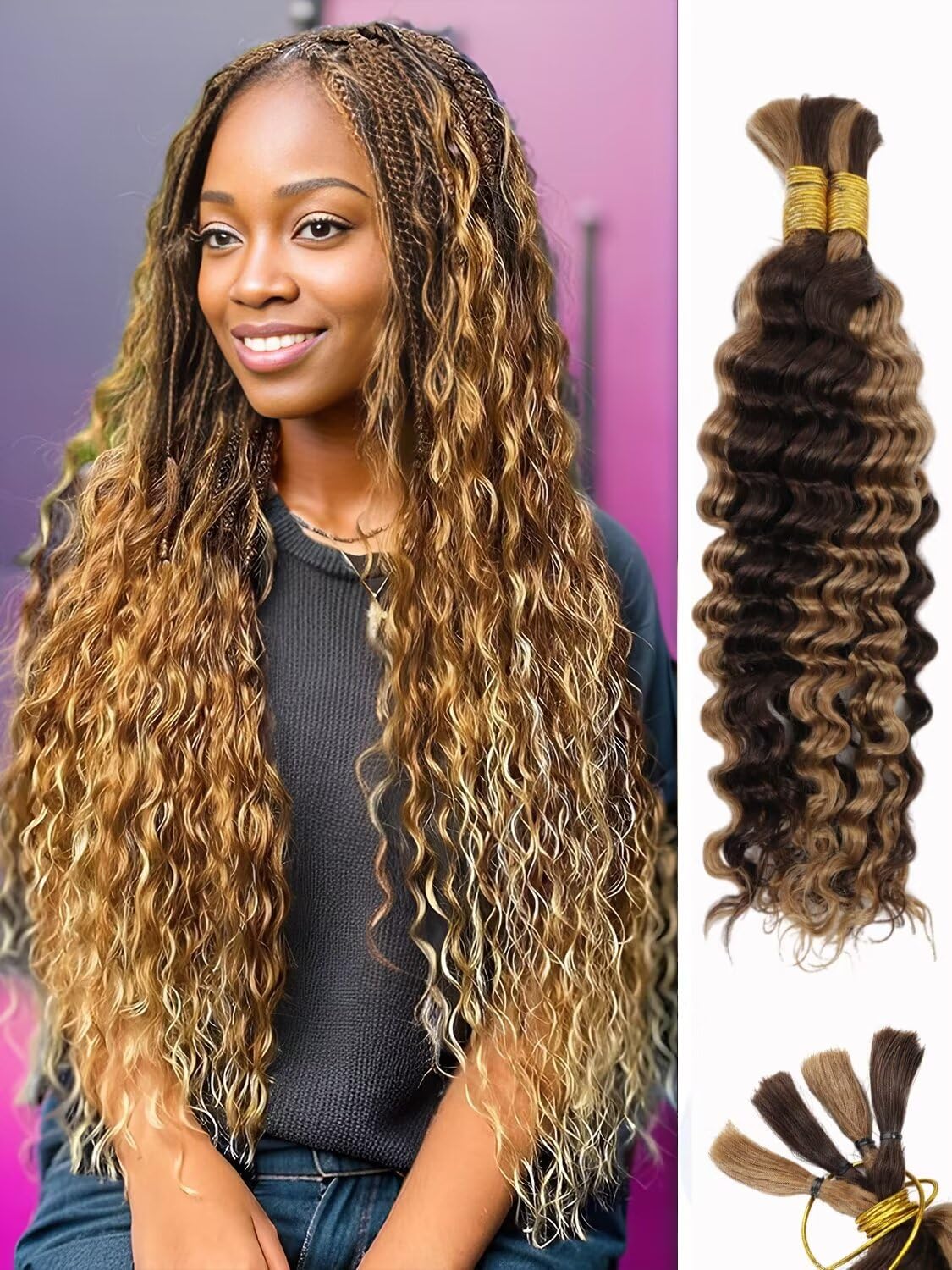 Ombre Braiding Hair 100G 24 Inch P4/27 Human Braiding Hair Deep Wave Honey Blonde Braiding Hair Highlight Water Wave Bulk Human