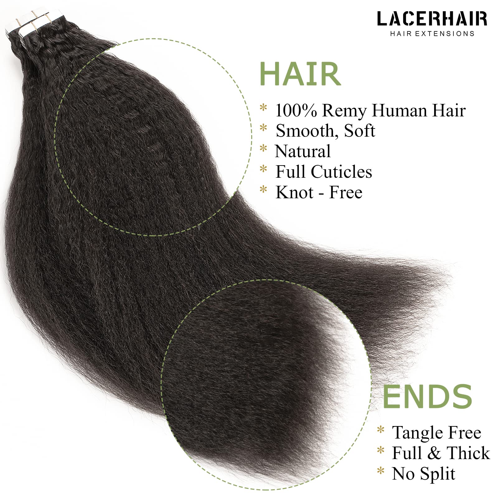 Lacer Best Kinky Straight Tape In Hair Extensions Human Hair Natural Black 16Inch Tape Ins Human Hair 4C Kinky Straight Soft Sea