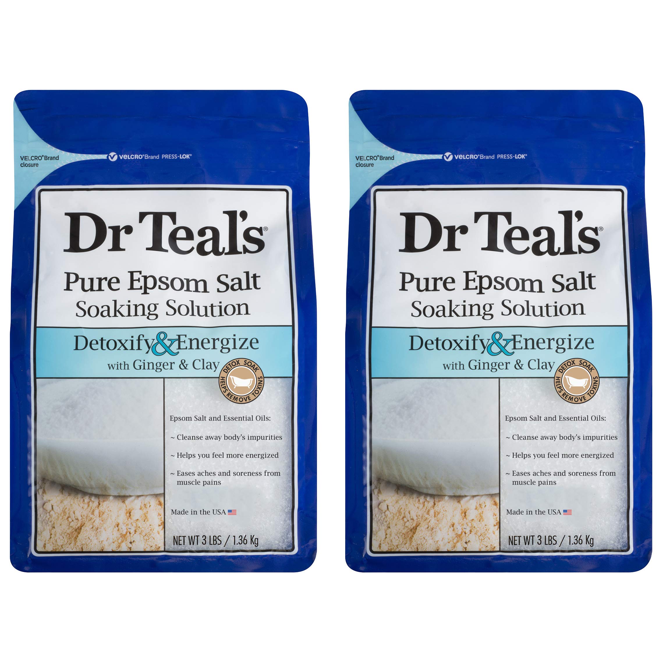 Dr. Teals Ginger & Clay Pure Epsom Salt Bath Soaking Solution Gift Set (2 Pack, 3Lbs Ea.) - Detoxify & Energize With Ginger & Cl