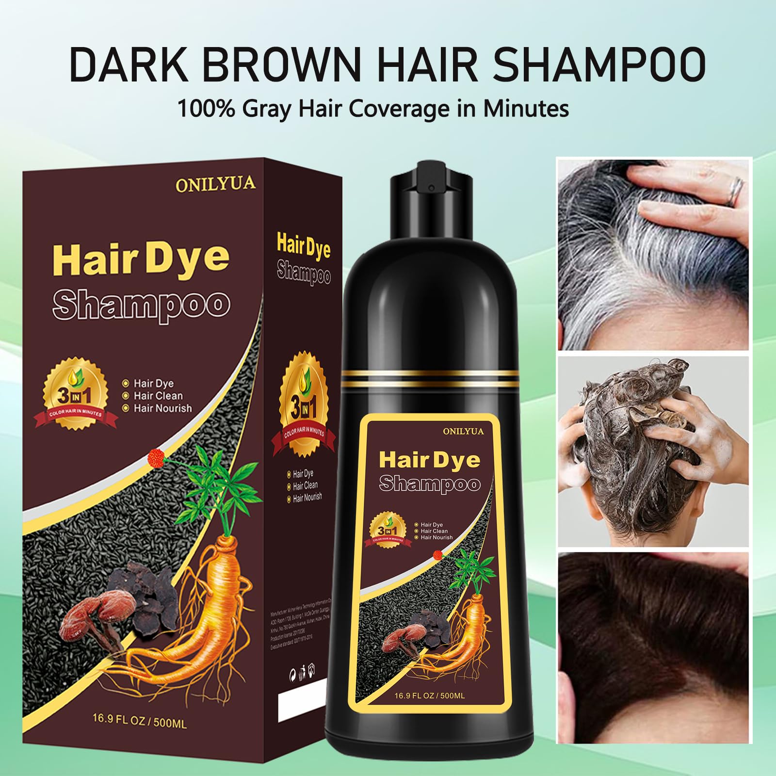 Fvquhvo Natural Instant 3 In 1 Hair Color Dye Shampoo For Gray Hair - Men & Women, Long Lasting Dark Brown
